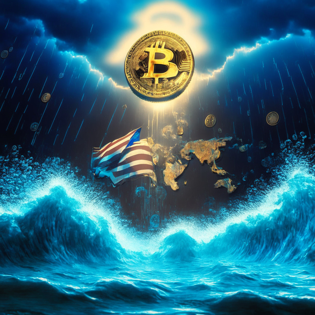 Gleaming digital coins rising above stormy regulatory seas, XRP coin triumphantly glowing amidst captivating chaos, soft spotlight on U.S. District Court gavel symbolizing favorable rulings, ethereal hints of sunlit future, contrasting grit and optimism, reflecting crypto resilience against tightening regulations.