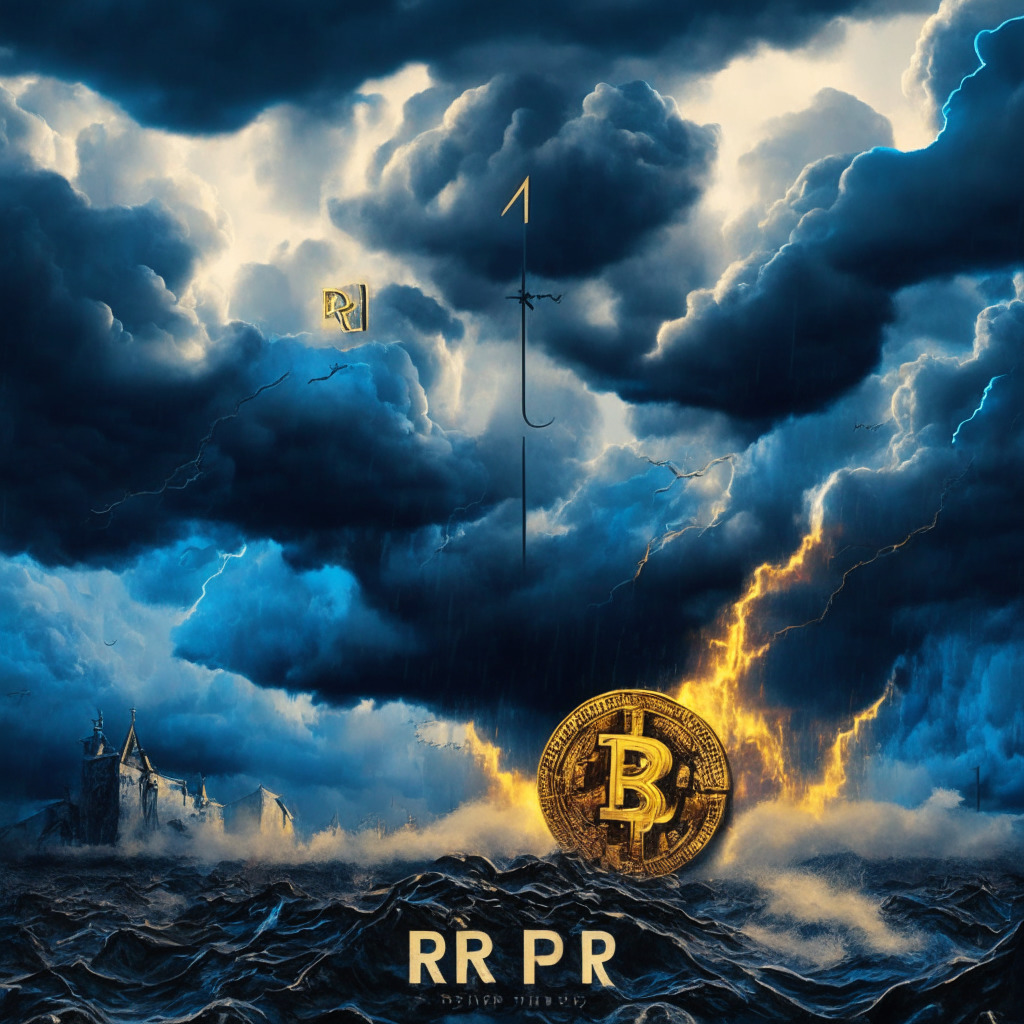 Cryptocurrency battleground, XRP defying trends, light breaking through a stormy sky, baroque art style, warm and cold color contrast, mood of triumph and uncertainty, digital tokens representing XRP and Bitcoin, chart showcasing XRP's growth, Ripple's Escrow release looming, balanced composition, cautious optimism.