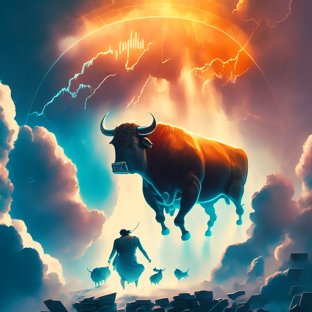 A vibrant crypto market scene, XRP poised for takeoff, a blend of warm and cool color tones, contrast between light and shadow, a soaring digital coin representing resilience, ray of light cutting through looming legal clouds (SEC lawsuit), diverse bulls holding the fort, anticipative mood.