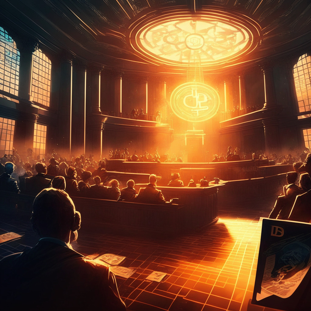 Cryptocurrency courtroom drama, sunset-lit courtroom, Ripple vs SEC, tense atmosphere, chiaroscuro lighting, XRP community rallying, Deaton's investment in SpendTheBits, defiance against regulatory storm, intricate digital asset ecosystem, evolving crypto regulations, uncertain outcome, cautious optimism.