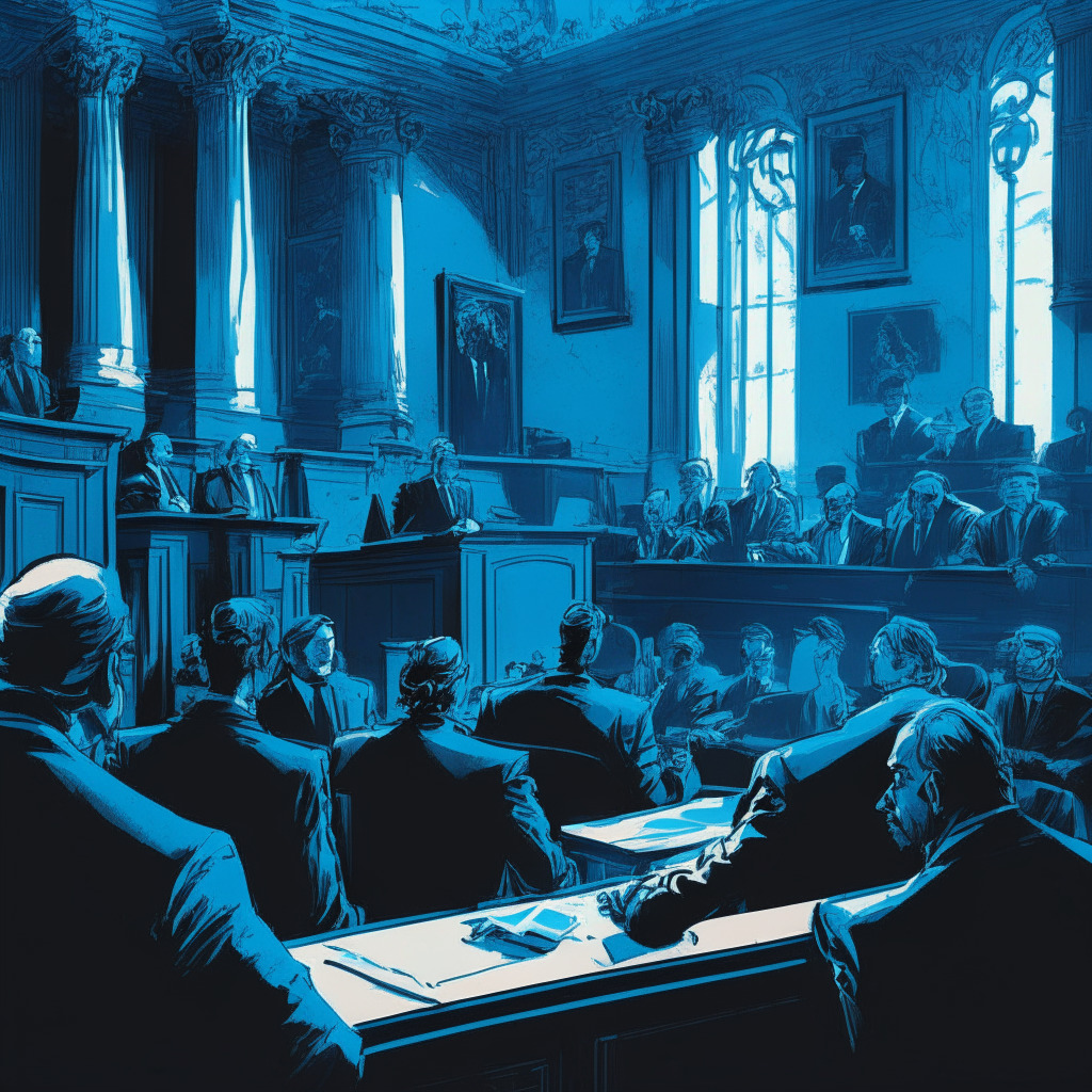 Intricate courtroom scene, Judge Torres presiding, lawyers debating, hint of victory in Ripple executives' expressions, calming blue color palette, dimly lit room, baroque art style, tense atmosphere, XRP token subtly integrated, impending decision, dramatic contrast, sense of optimism.