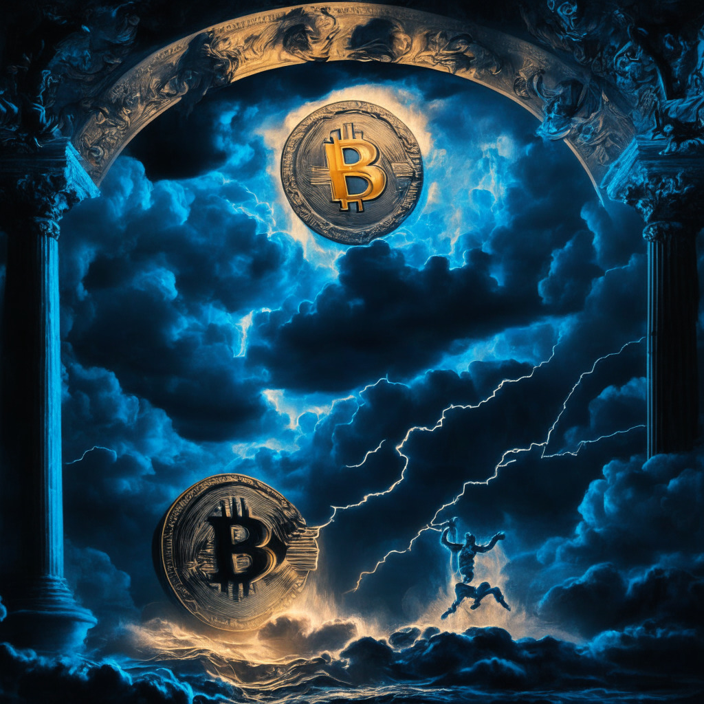 Cryptocurrency triumph scene: a glowing XRP coin, floating above BTC and ETH, dramatic chiaroscuro lighting, baroque art style, triumphant yet uncertain mood, vivid colors with hints of darkness, Ripple's legal woes as stormy clouds, elements of balance and change, market volatility swirling in the background.
