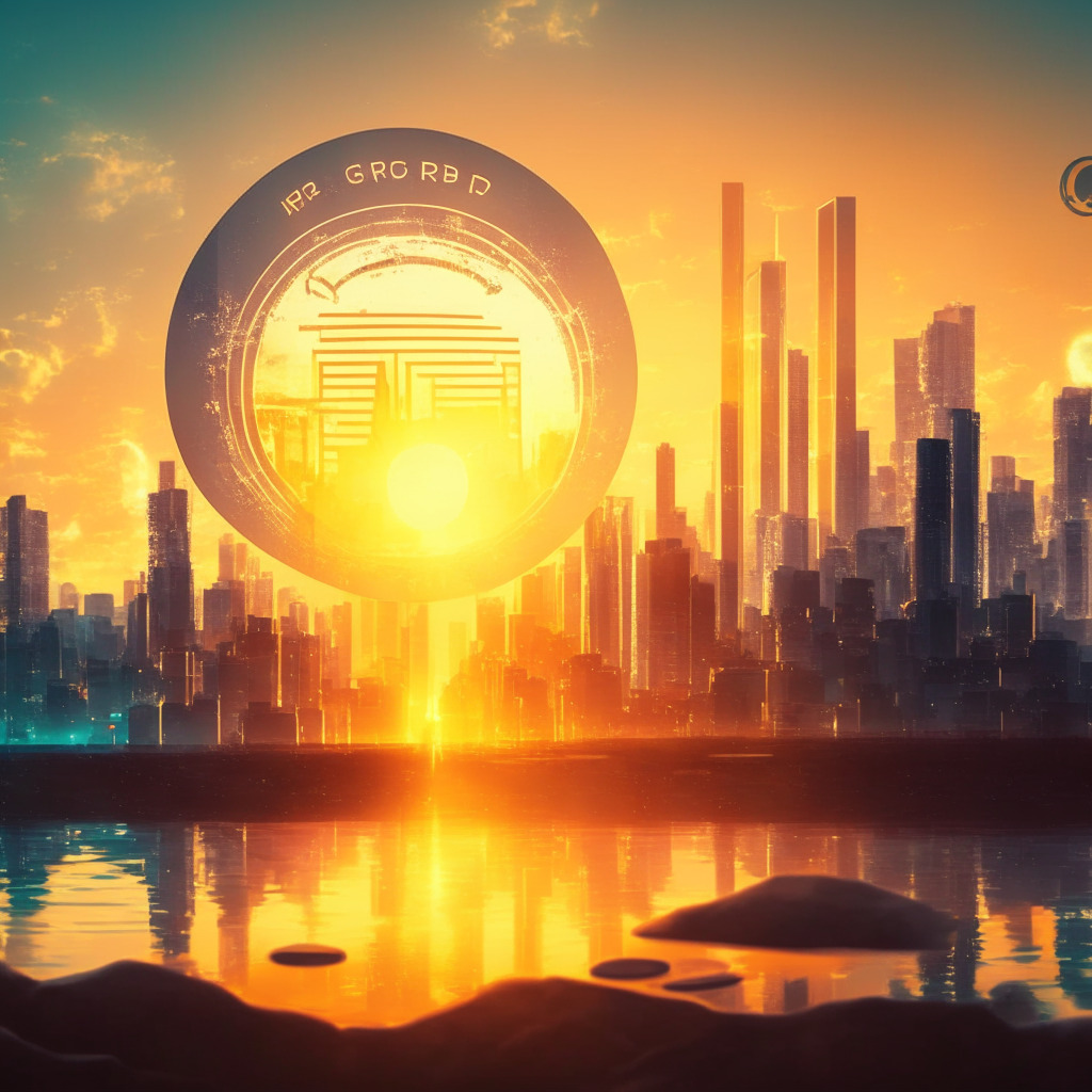 Futuristic city skyline during sunset, legal scales symbolizing Ripple-SEC case, XRP coin shining amidst financial charts, recycle-to-earn concept featuring ecoterra token, warm sunlight reflecting dynamic price movement, subtle impressionist style, optimistic mood.