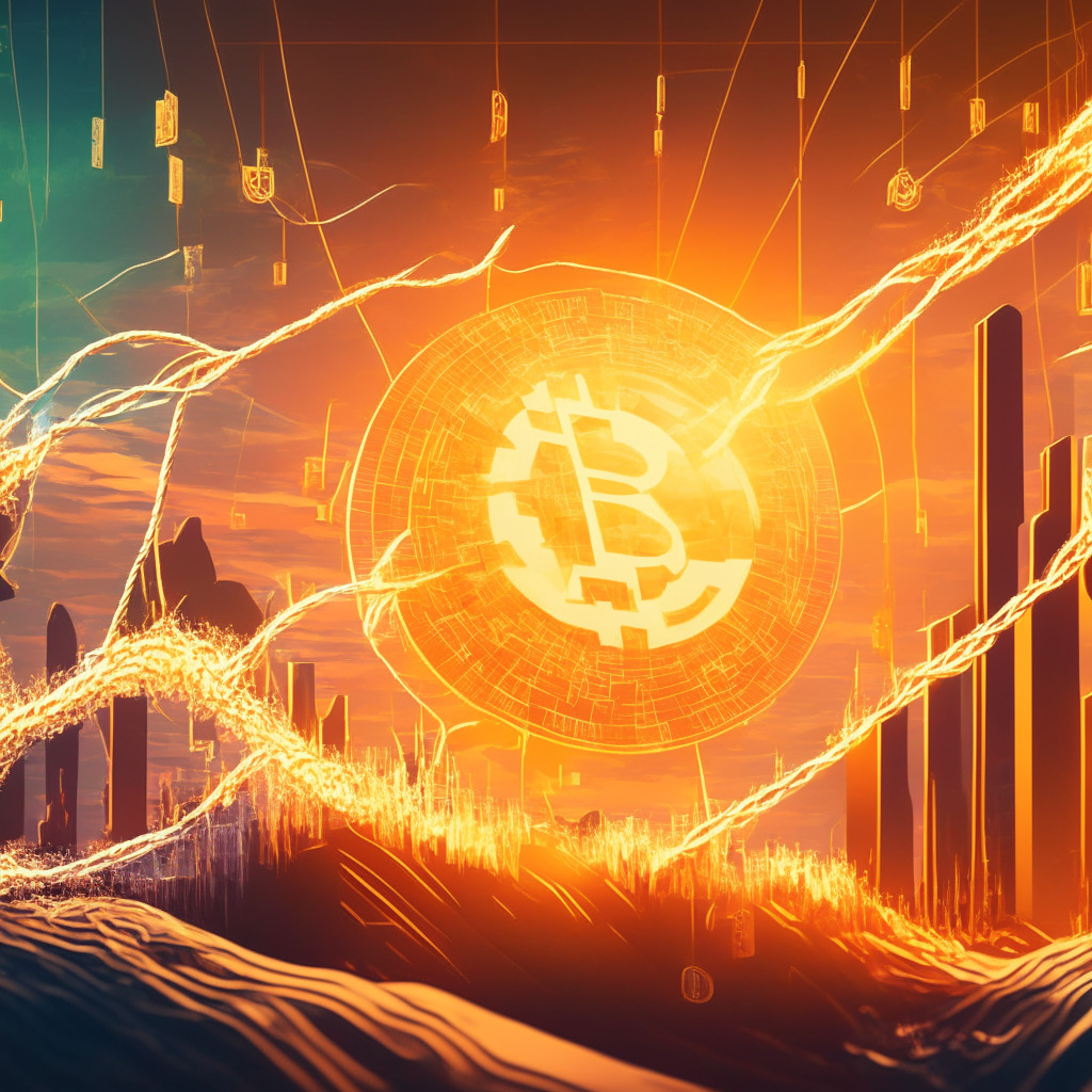 Intricate 3D cryptocurrency graph, abstract digital landscape, XRP coin balancing on a tightrope, sun setting with warm colors, oscillating light beams, market uncertainty, hints of optimism and caution, blend of impressionist and futuristic styles, gleaming resistance and support levels, calm yet tense atmosphere.