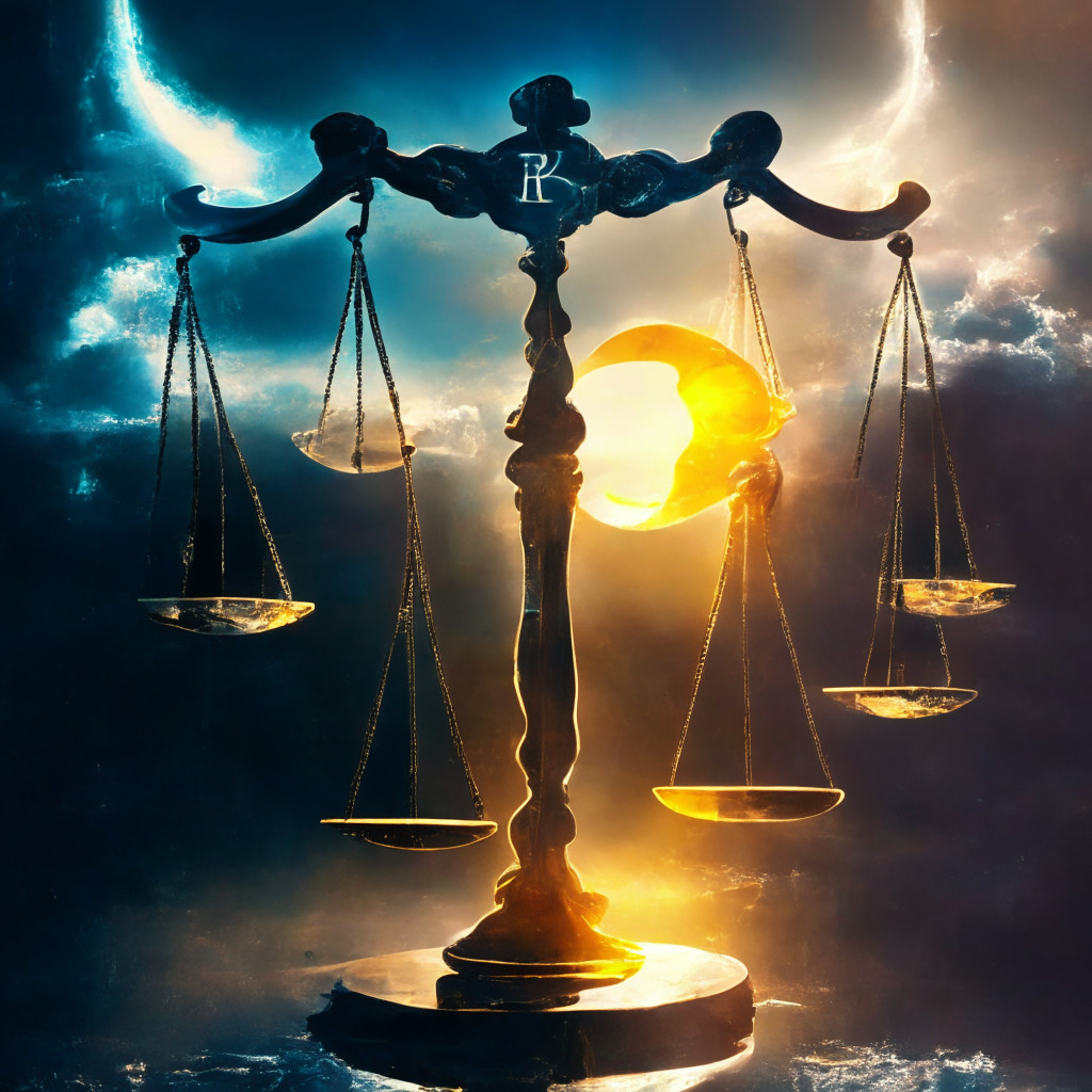 Scales of justice, XRP coin, Ripple Labs legal battle, triumphant outcome, sunlight breaking through dark clouds, warm evening light, contrast, shimmering reflection, blend of fidelity and abstract, emboldened tone, optimism amid uncertainty, symbolism of regulatory impact, motion and stillness.
