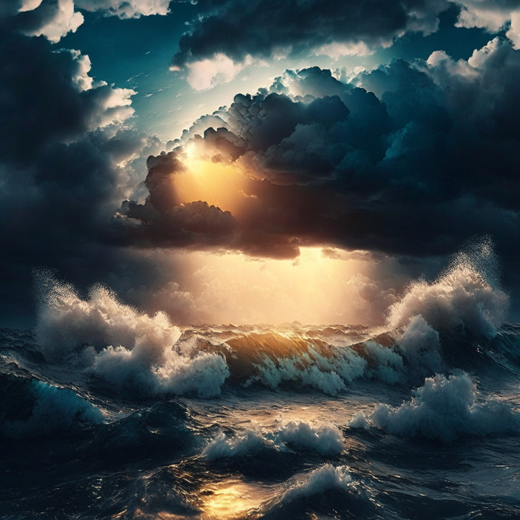Crypto market turmoil, XRP recovery scene: stormy clouds clearing revealing sunlight, investor optimism, tumultuous ocean waves, resurgent XRP coin, symbolic contrast of SEC-Binance-Ripple conflict, victorious underdog overcoming adversity, coming of a new dawn in crypto investing.