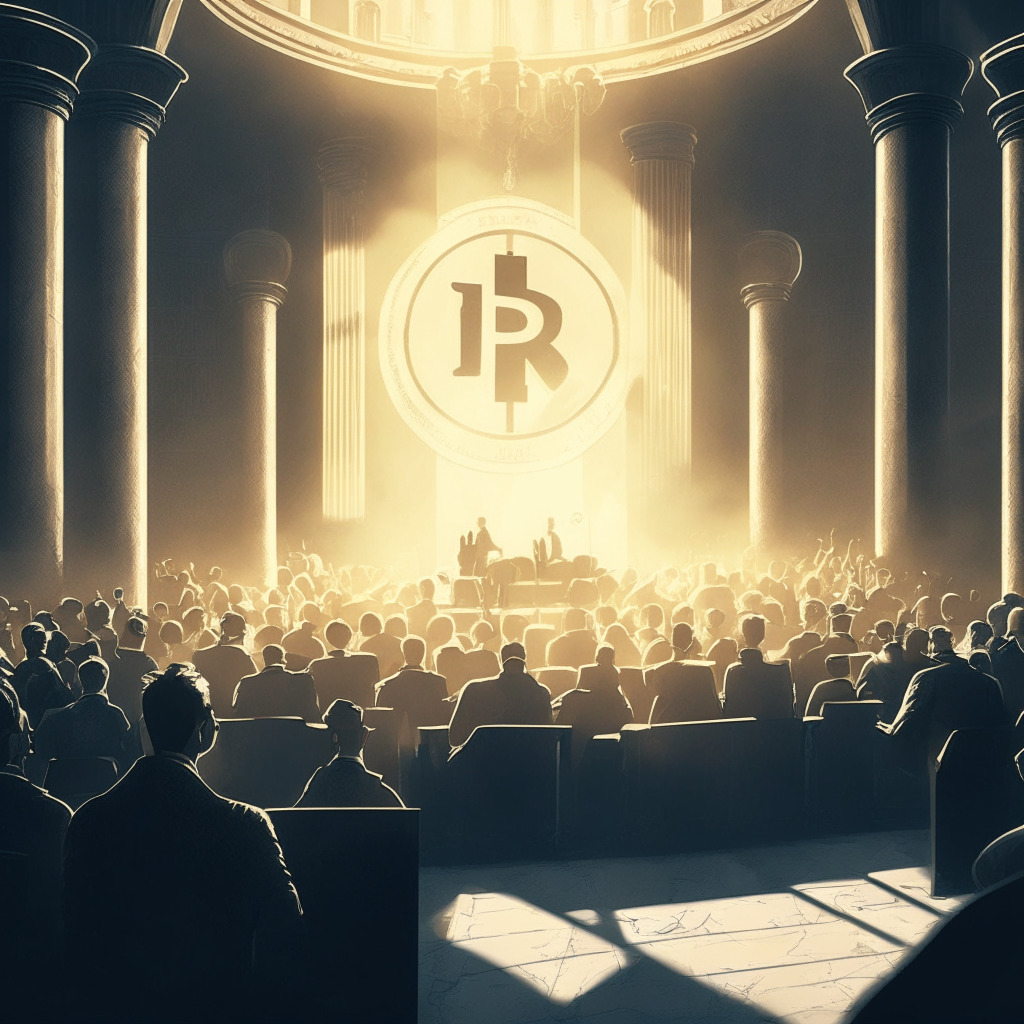 Crypto rally scene, XRP odd one out, blend of bearish and bullish themes, contrast in light, courtroom background, uncertain atmosphere, chiaroscuro shading, silver and golden hues, Ripple logo (stylized without name), investor vigilance, mild optimism for future recovery.