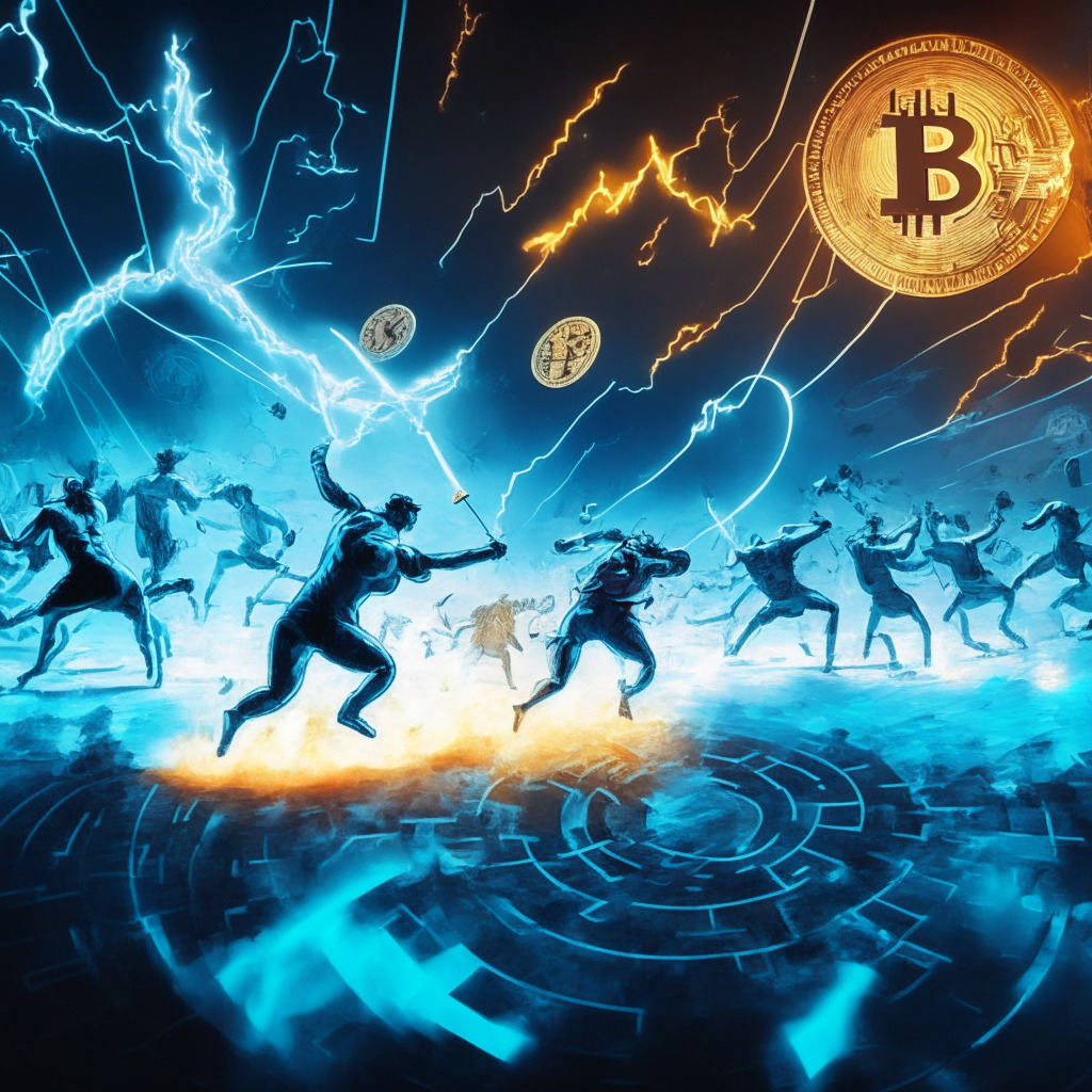 Cryptocurrency battle scene, XRP coin facing $0.55 resistance, intense supply pressure, glowing bullish momentum, buyers eagerly approaching the hurdle, uncertain blockchain future in the background, soft light conveying ambivalence, dynamic vortex indicator, artistic representation of falling wedge pattern, potential massive rally upon victory, 350 characters.