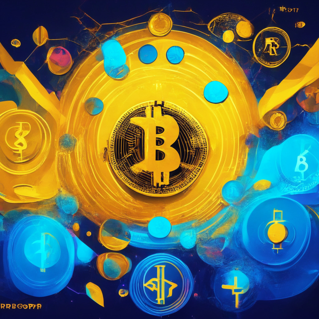 An abstract representation of XRP's bullish trend, golden scales balancing Ripple & SEC representing legal developments, colorful altcoins in the background to signify diversification, bright optimistic light tone, a hint of meme-inspired art style, overall mood of confidence & potential growth.
