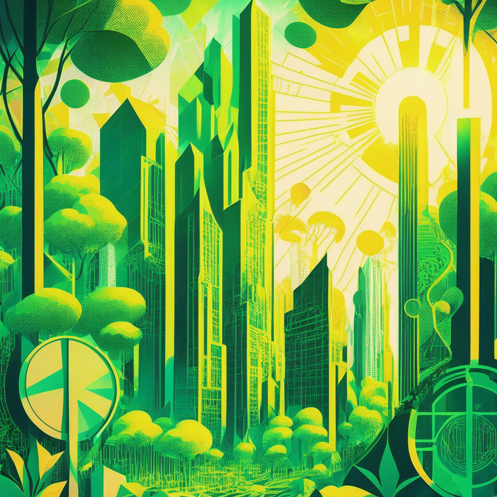 Intricate crypto coin designs, bright futuristic cityscape as background, green lush forest, sustainable infrastructure, an upward soaring chart, innovative technologies, a mix of cubism and modernism art, gentle sun rays, vibrant color palette, sense of optimism and growth, dynamic mood.