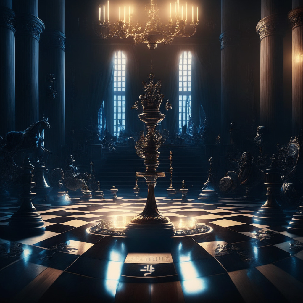Majestic courtroom scene, cryptocurrency coins positioned as chess pieces, XRP coin at the forefront with shimmering light, victory scales symbolizing legal battle, chiaroscuro contrasting light and dark, dramatic Baroque style, hopeful & suspenseful atmosphere.