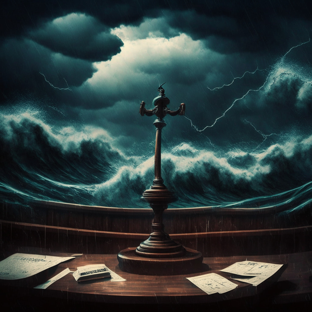 Rollercoaster ride, Ripple's legal battle, legal documents, tumultuous crypto market, stormy clouds, wooden gavel, XRP coin, dimly lit courtroom, intense drama, tumultuous ocean background, dark artistic tones, underlying sense of uncertainty, contrast of hope and doubt, emotionally charged atmosphere.
