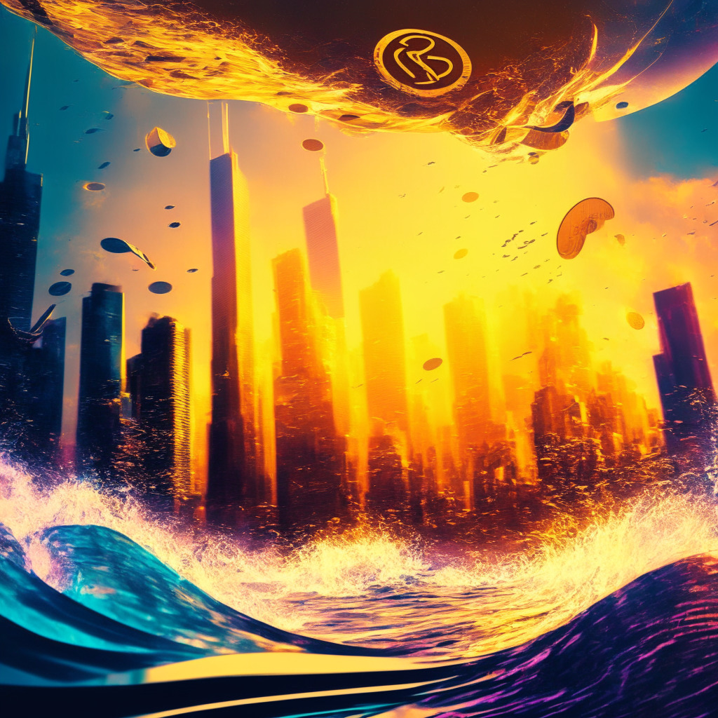 Abstract, ethereal financial skyline, futuristic city of wealth, XRP coin levitating, dramatic shadows, golden hour light, vibrant and euphoric colors, intense focal points, whale jumping amongst digital waves, slight hints of uncertainty, swirling IPO speculation, intense dynamic movement, breaking barriers, bold resistance, caution in the wind.