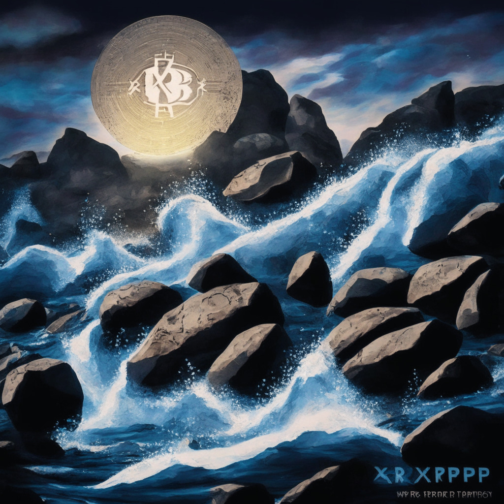 XRP's struggle for stability amid bullish wave, central bank partnerships, light setting: twilight transition, artistic style: abstract representation, various cryptocurrencies on a rocky terrain, XRP leading the way with resistance, central banks in the background, mood: cautiously optimistic, anticipation for potential growth. (297 characters)