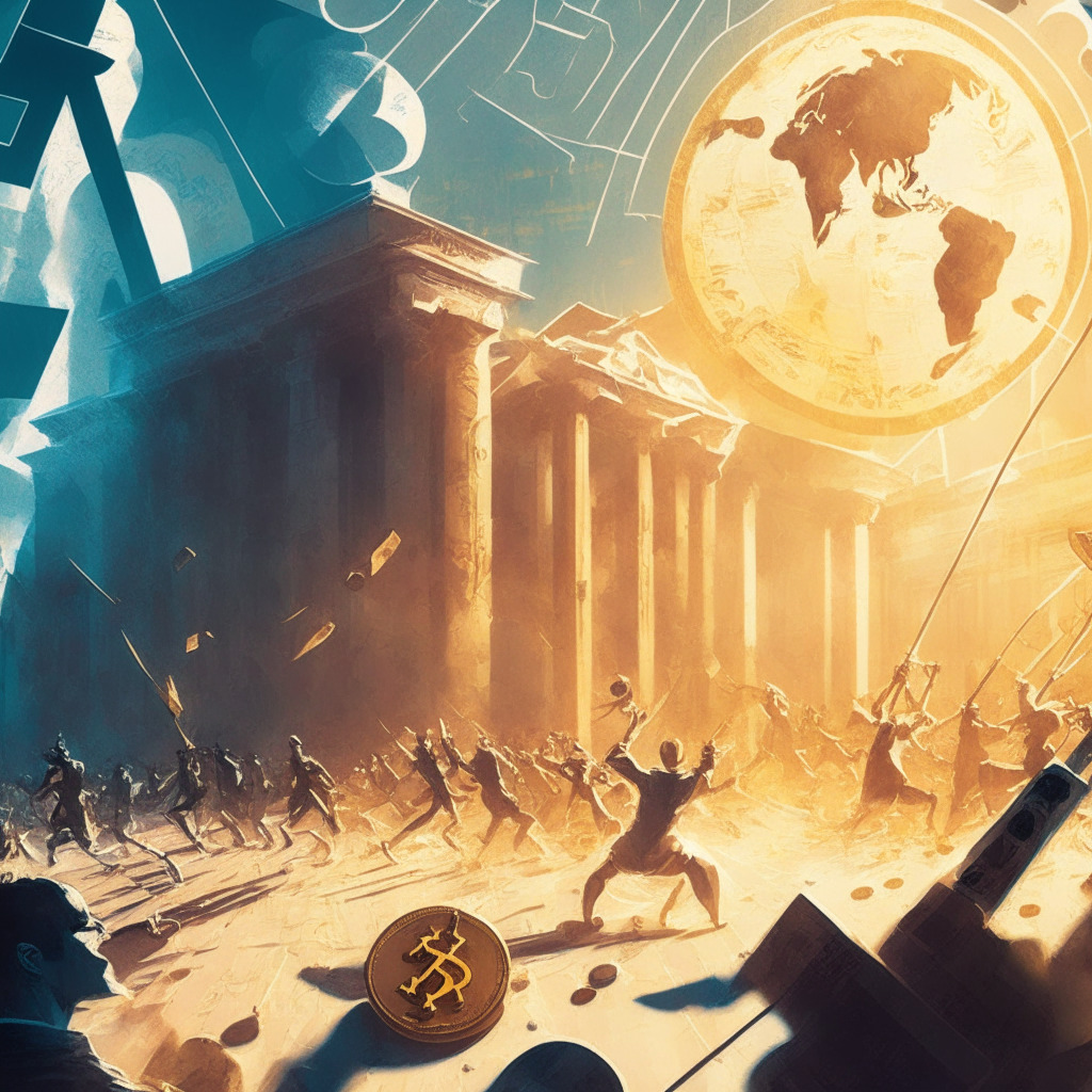 Cryptocurrency battle scene, XRP in spotlight, legal gavel hovering, digital world map backdrop, central bank buildings forming a semi-circle, CBDCs as futuristic coins, contrasting warm sunlight and cool shadows, dynamic composition, mood of tension and anticipation, bold and expressive brushstrokes, semi-abstract style.
