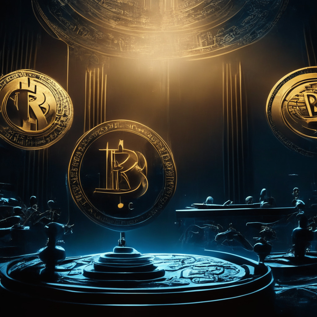 Intricate legal battle scene, Ripple vs SEC, courtroom backdrop with scales of justice, cryptocurrency symbols including XRP & Ether, subtle golden glow highlighting documents, hints of optimism in the atmosphere, contrasting dark shadows of uncertainty, moody tension yet hopeful undertones, futuristic visual elements showcasing potential growth.