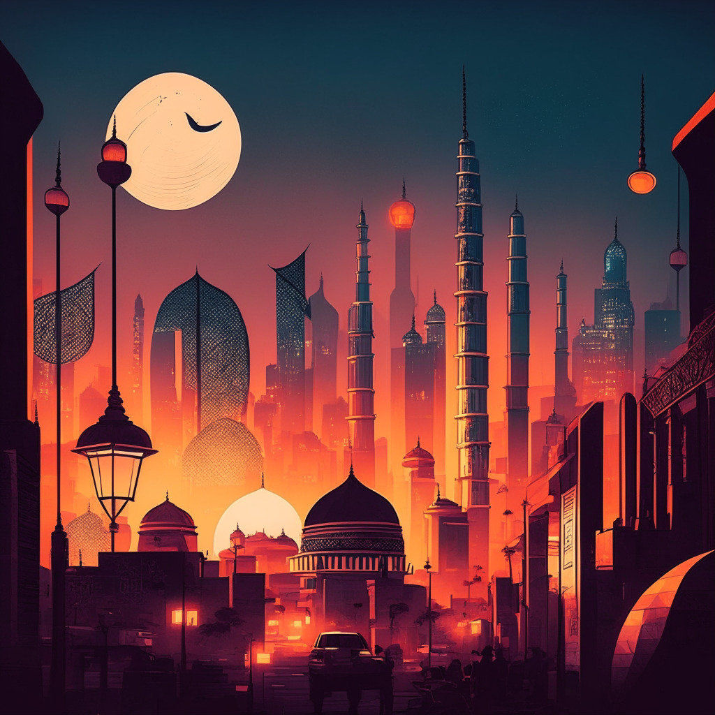 Dall-E prompt: South Asian city skyline at dusk, vibrant cryptocurrency symbols in the sky, a fusion of traditional and modern architectural styles, warm lighting from street lamps, visual representation of financial growth, subtle suspenseful mood, digital currency flourishing amidst complex regulations.