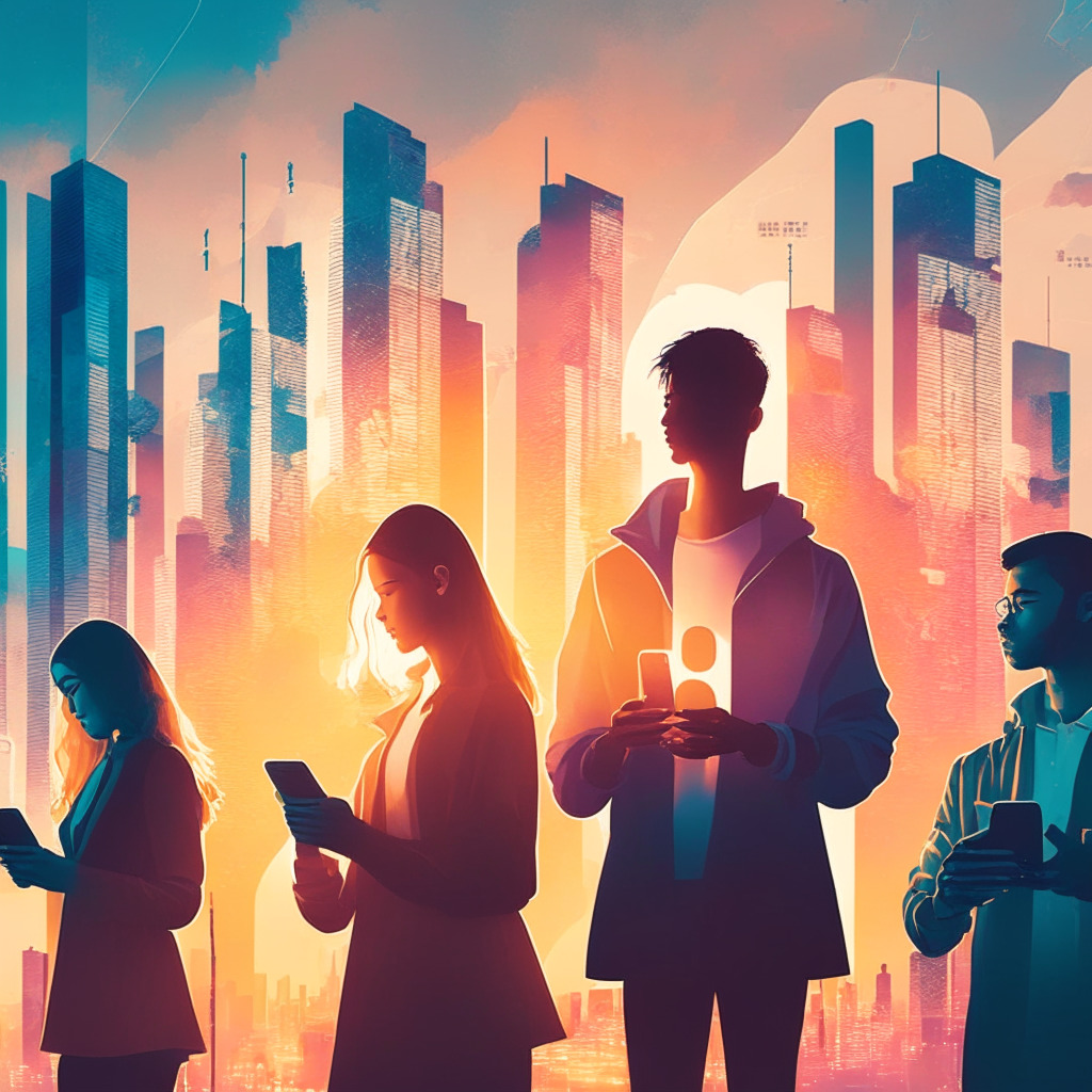 Sunset-lit city skyline, diverse young Aussies confidently holding smartphones, translucent crypto symbols in the sky, pastel color palette, contemplative mood, blend of traditional & modern art styles, soft light, tech-inspired textures, whispers of financial graphs in the background.