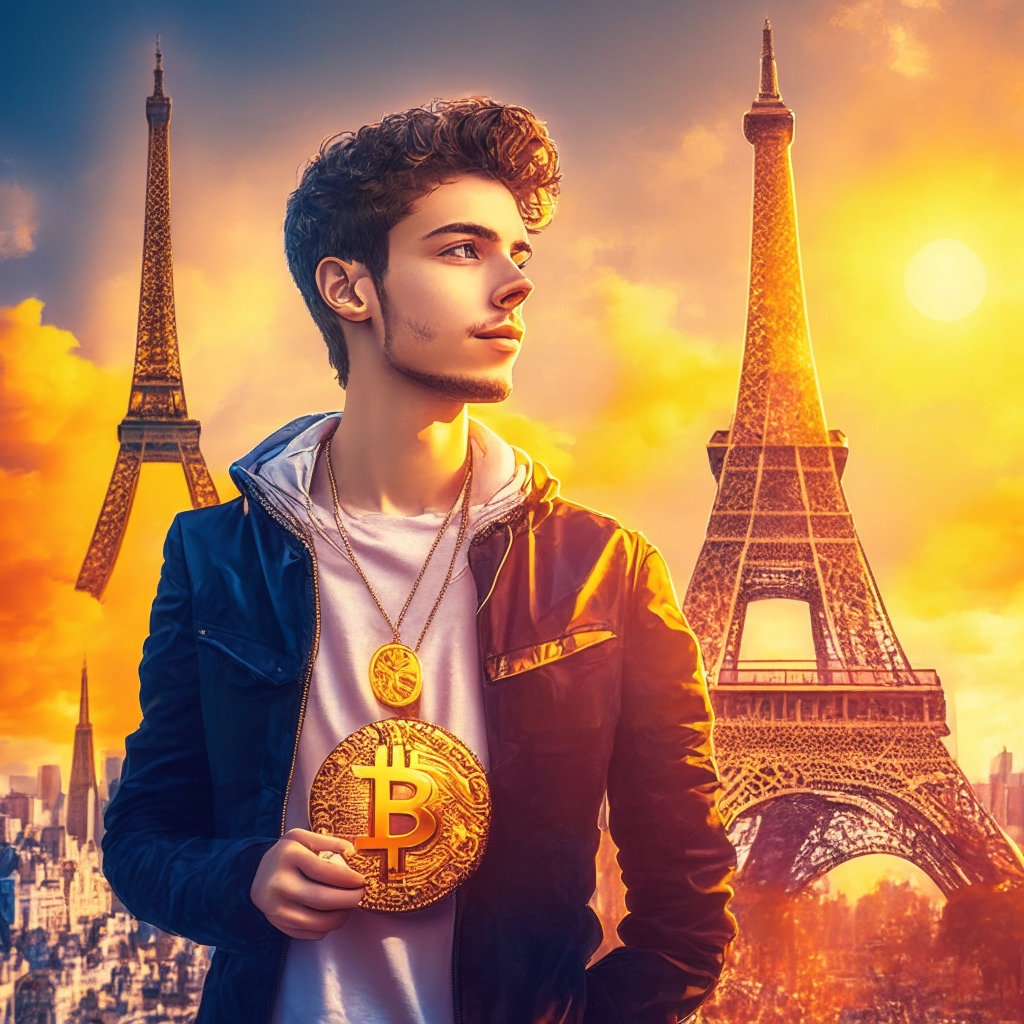 Young crypto influencer in European cityscape, Eiffel Tower backdrop, glowing warm sunlight, vibrant colors, Baroque-inspired style, lively yet sophisticated mood, central figure proudly holding a golden Bitcoin, urban skyline populated with crypto symbols, AI and data elements floating in the sky, Europe's innovative spirit, crypto ecosystem flourishing.