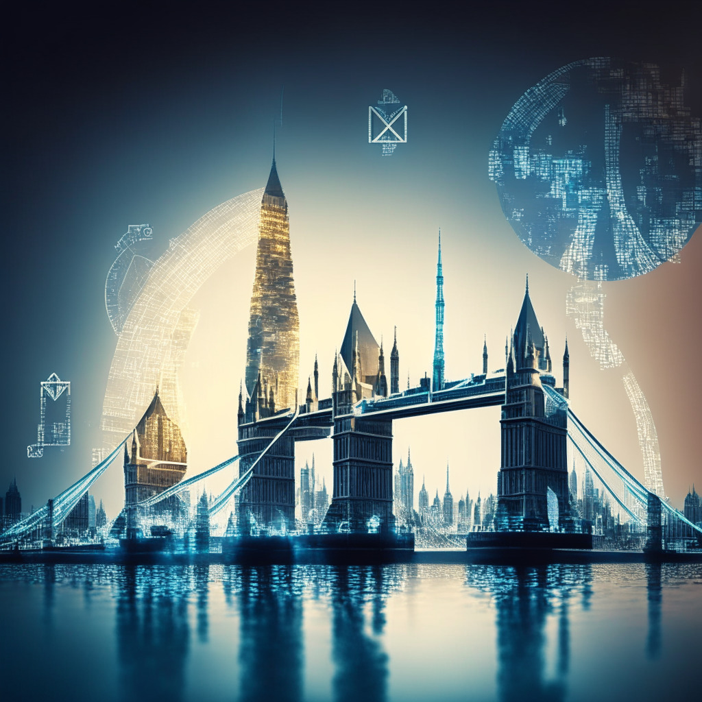 Cryptocurrency skyline in London, with a futuristic artistic touch, a backdrop of recognizable landmarks like Tower Bridge, soft and ethereal lighting, a mix of warm and cool tones, dominant patterns of interconnected blockchains, atmosphere of ambition and optimism, sense of emerging adaptation to regulations.