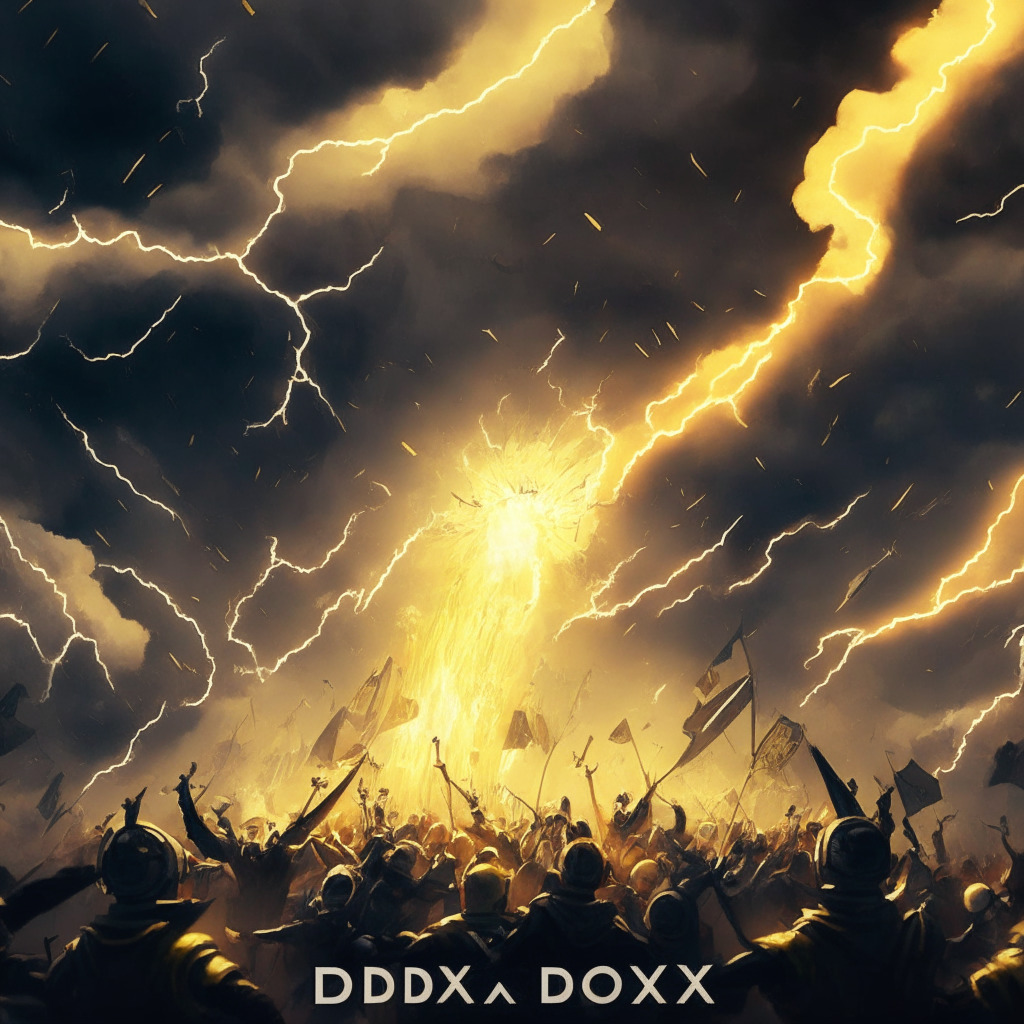 Cryptocurrency battle scene, dYdX token soaring amid chaos, SEC lawsuit bombarding Binance, rays of innovation battling strict regulation, light emanating from dYdX as a beacon, dark clouds hovering over Binance, background depicting divided crypto community, fiery dramatism, sense of conflict & tension.