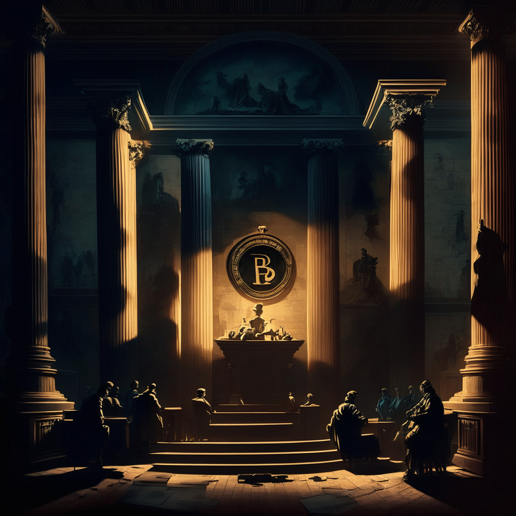 Financial trading platforms limiting crypto access, SEC regulatory oversight shadow, balance between innovation & regulation, low-light setting with contrasting shadows, somber mood, Renaissance painting style, prominent gavel & cryptocurrencies subtly fading.