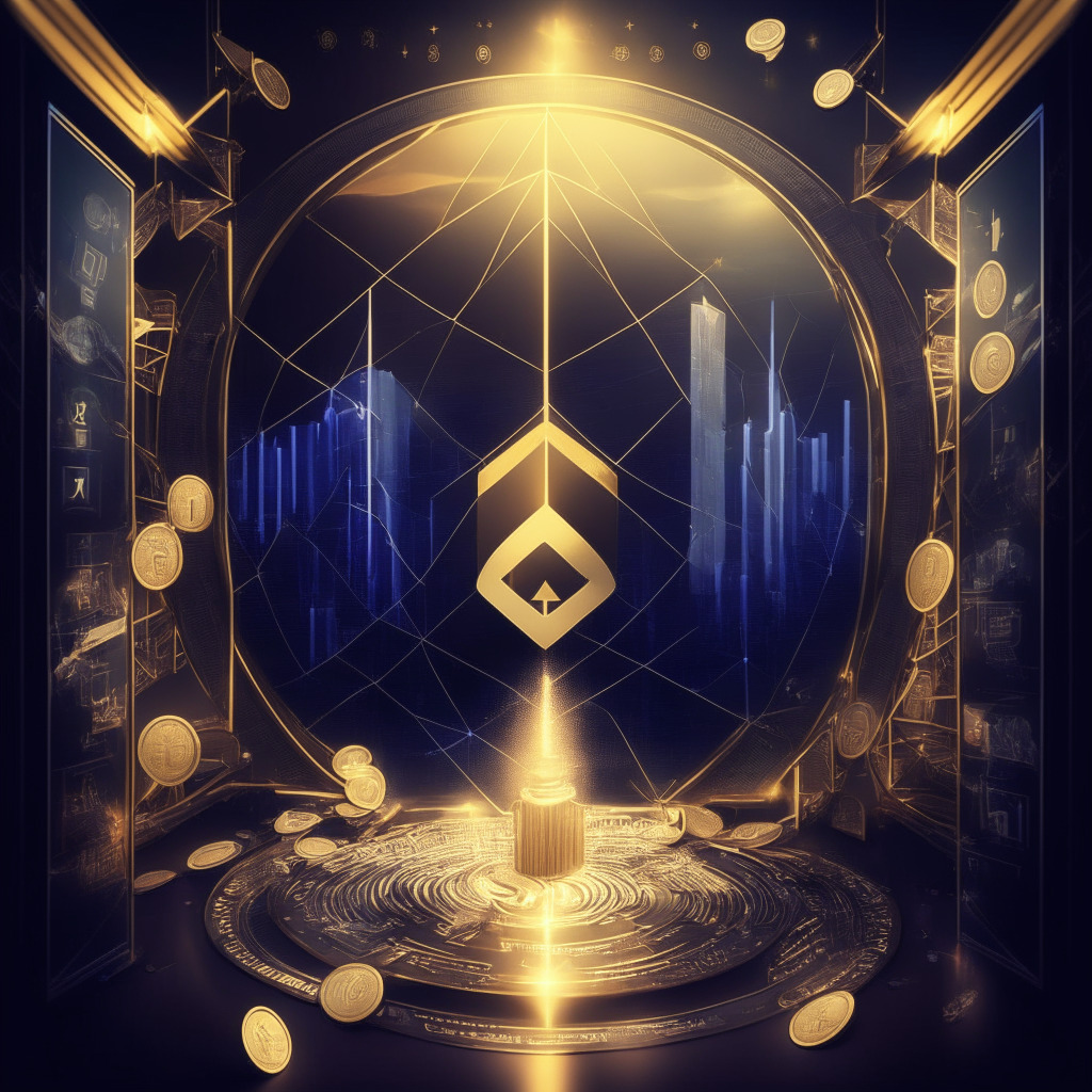 Ethereum-lit room, financial trading platform amidst regulatory challenges, golden scales balancing diversification & compliance, key global currencies paired with digital coins, a bridge merging traditional stock trading & cryptocurrency, an undercurrent of cooperation & cautious optimism.