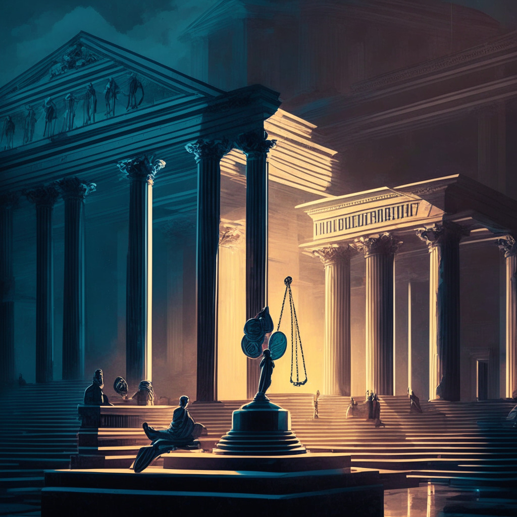 Cryptocurrency dilemma in twilight, investors weighing decisions on scales, stately courthouse backdrop, muted hues of uncertainty, hints of light symbolizing hope, tense mood as regulations cast shadows, decentralized tokens meeting traditional finance, elegance of intricate balance.