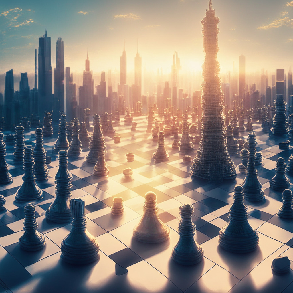 Intricate financial chessboard with cryptocurrency pieces, futuristic city skyline in the background, soft sunlight casting long shadows, muted color palette, underlying tension between centralized giants and decentralized cryptocurrencies, mix of hope and uncertainty, emphasis on a pivotal milestone in blockchain industry.
