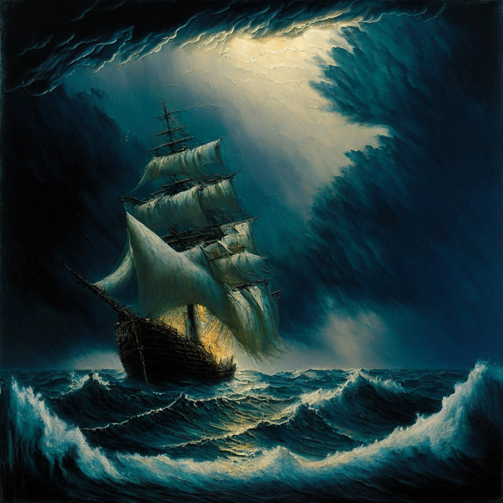 Depict a dimly-lit, sombre seascape, with a large barque ship named '1INCH' on tumultuous waters heading into a massive whirlpool, signaling a financial storm. The sky should reflect tensions, painted with rich, heavy strokes like an old master painting. Amid the chaos, show a distance glimmer of a new vessel named 'EVILPEPE' on the horizon, symbolizing emerging hope. The overall mood must be dramatic, charged with anticipation.