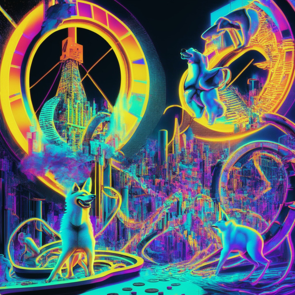 An engaging, surrealistic tableau embodying the spirit of the crypto market in 2023, lit with vibrant, pulsating neon hues. The central figure is a roller-coaster, the high rises embodying high-performing digital currencies, the dips symbolizing under-performance of meme coins. Dogecoin appears trapped in a downward spiral, while Shiba Inu exhibits a guarded rise. An unexpected surge is embodied by Pepe coin and a slump depicted for Floki coin. Tamadoge stands calling towards a gaming platform, symbolizing web3 gaming development. New coins like Mr. Hankey and Thug Life are displayed emerging from the shadows, hinting at future potential. Light tension colourizes the image reflecting the volatility and unpredictability with an undertone of cautious optimism.