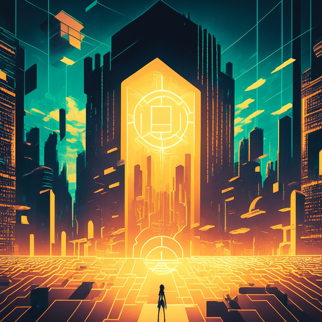 An illustration of a digital world transitioning from centralized to decentralized, illuminated by the glow of blockchain technology. The scene portrays a dystopian era evolving into a utopian future. Light emanates from the decentralized world, casting shadows on the old centralized one. The style combines futurism and realism, with a prevailing mood of optimism and autonomy. The image symbolically encapsulates the reclaiming of personal data sovereignty.