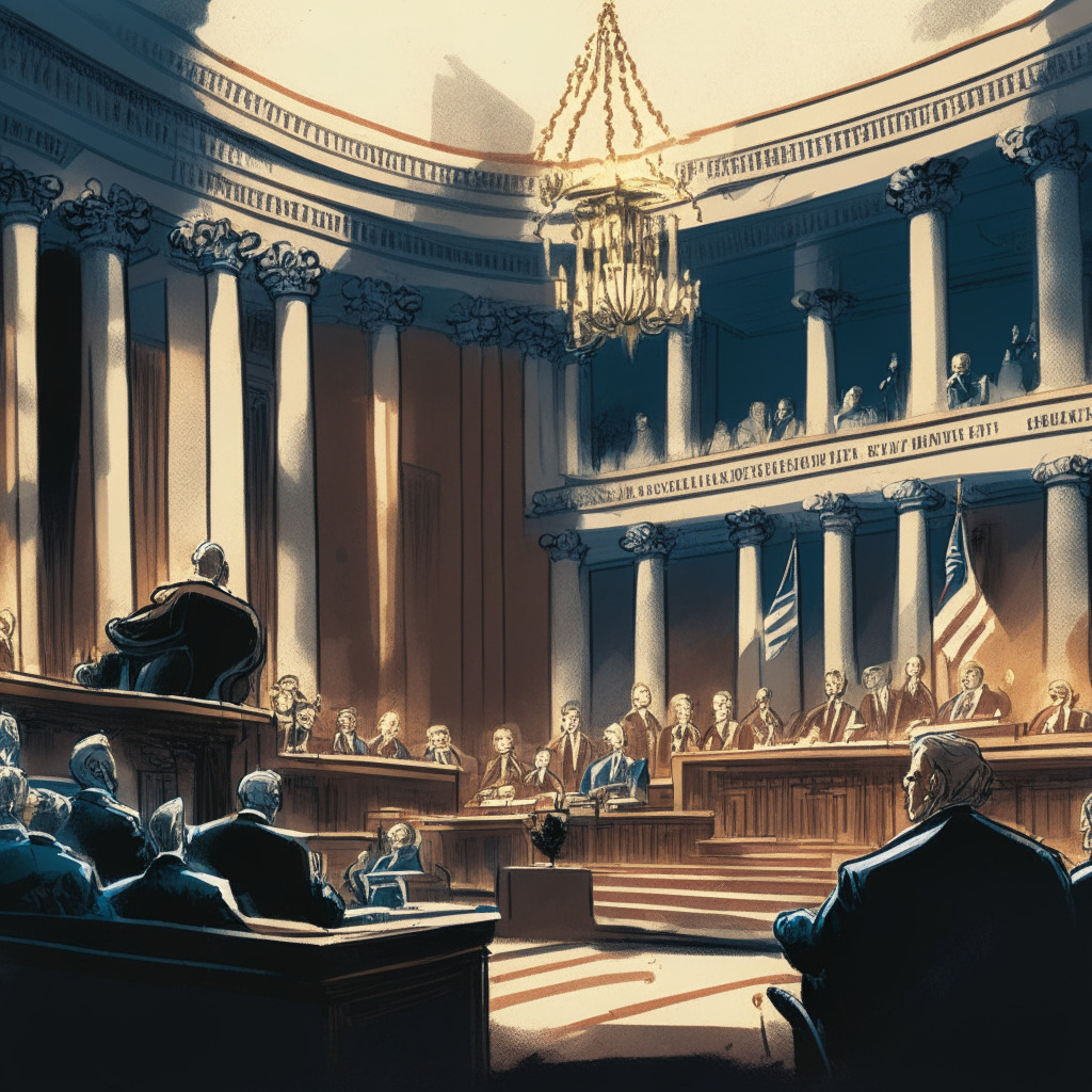 A scene depicting the US Senate in session, painted in the style of a classic courtroom sketch, with important figures carefully detailed, seated amid a grand parliamentary backdrop. The atmosphere is intense under the harsh, focused lighting of rigorous debate. The color palette is a subtle blend of stern grays and blues, but peppered with optimistic strokes of innovation's golden tones, as crypto coins subtly scattered illustrate the topic of discussion. The overall mood is a balancing act filled with tension between oversight and innovation.