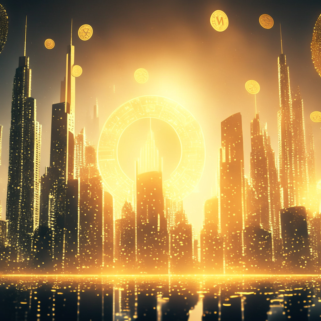 An atmospheric financial landscape scene, displaying a futuristic city representing the blockchain universe, with soaring skyscrapers symbolizing the MarginFi's platform. Shadows and luminous lights shed on shimmering golden coins signifying cryptocurrency rewards. Ethereal light, hinting a dawn of a new day, casting a serene, optimistic mood contradicting the chaos of fluctuating market condition. Accent is on a soaring 'reward' bridge connecting these structures, suggesting strengthening ties and shared growth.
