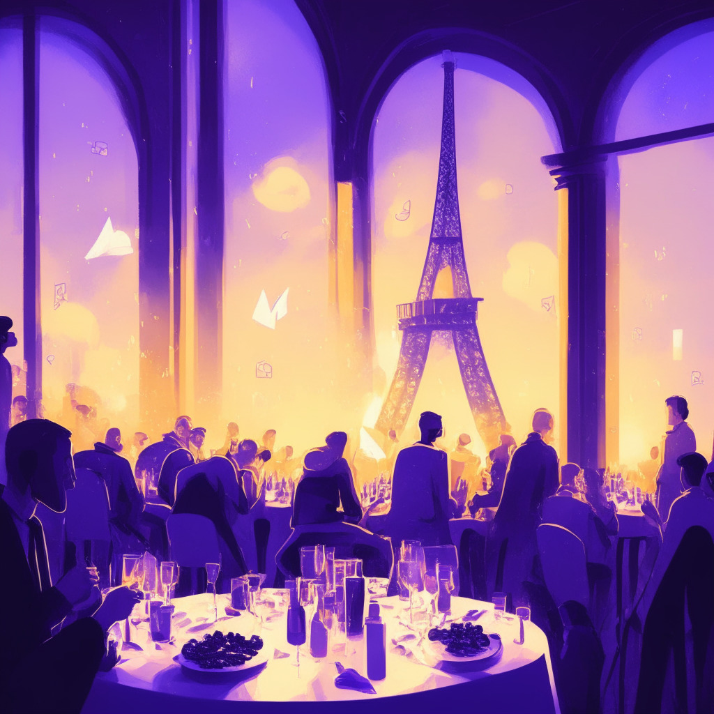Ethereum conference scene at dusk in Paris, vibrant characters engaged in animated discussions, optimism and excitement visible in their posture. Glimmering table tops with scattered high-tech devices, croissants, and champagne. Background reveals the iconic Eiffel tower bathed in soft, warm light, symbolizing a hopeful future for AI and blockchain synergies.