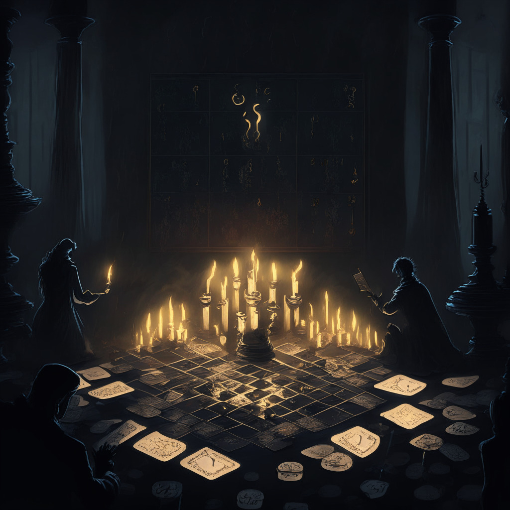 A scene depicting the crypto market day turning into an eerie night, erratic candles flickering on the chart paint the conflict between light and shadow. In the background, a grand gameboard symbolizing GameFi, discreetly veiled by a Ponzi scheme illusion. A storm brews, reflecting the dismal downfall of token values, casting doubt and uncertainty.