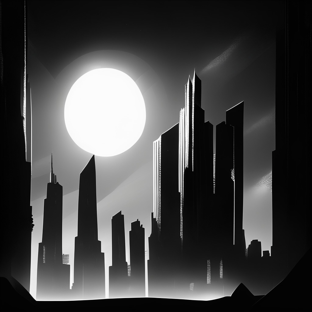 Dimmed, moonlit scene of a futuristic cityscape, stylized in imposing contrasts between shadow and light, reflecting the sudden drop in VC funding for Web3 startups. Glints of optimism highlighted by a radiant sunbeam piercing through the gloomy atmosphere as subtle symbols of AI startups and successful funding instances like Worldcoin and LayerZero. The overall mood of the image is a spirited defiance amidst adversity, embodying resilience in the face of challenging times.
