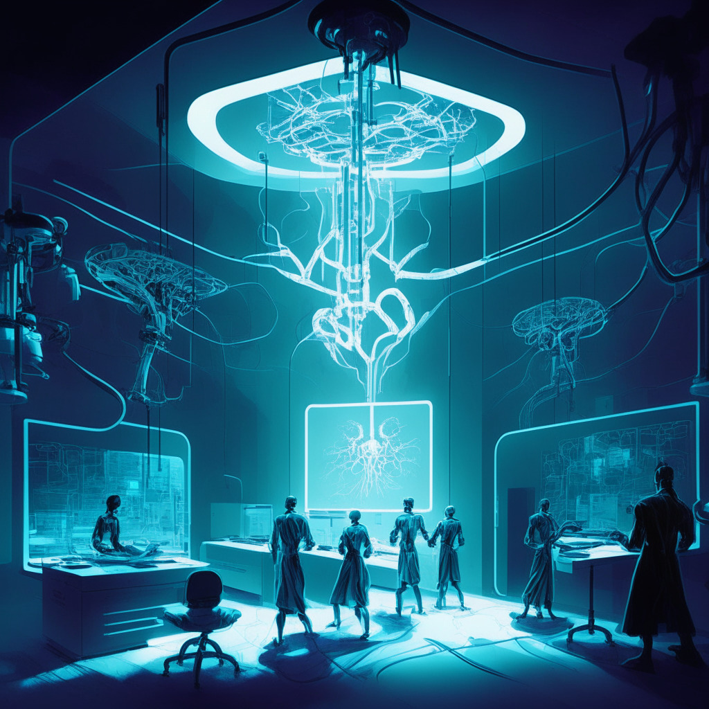A concept art of a futuristic neurosurgery operating theatre, glazed with the glow of artificial intelligence intervention. The silhouettes of surgeons turned spectators in the midst of a procedure, suspended in a realm between hope and apprehension. The central focus, an AI tool, represented by sleek outlines of robotic arms, delicately dancing around a dimly lit hologram of a brain displaying aggressive gliomas. The mood is tense, highlighting the urgency of time, yet hopeful.