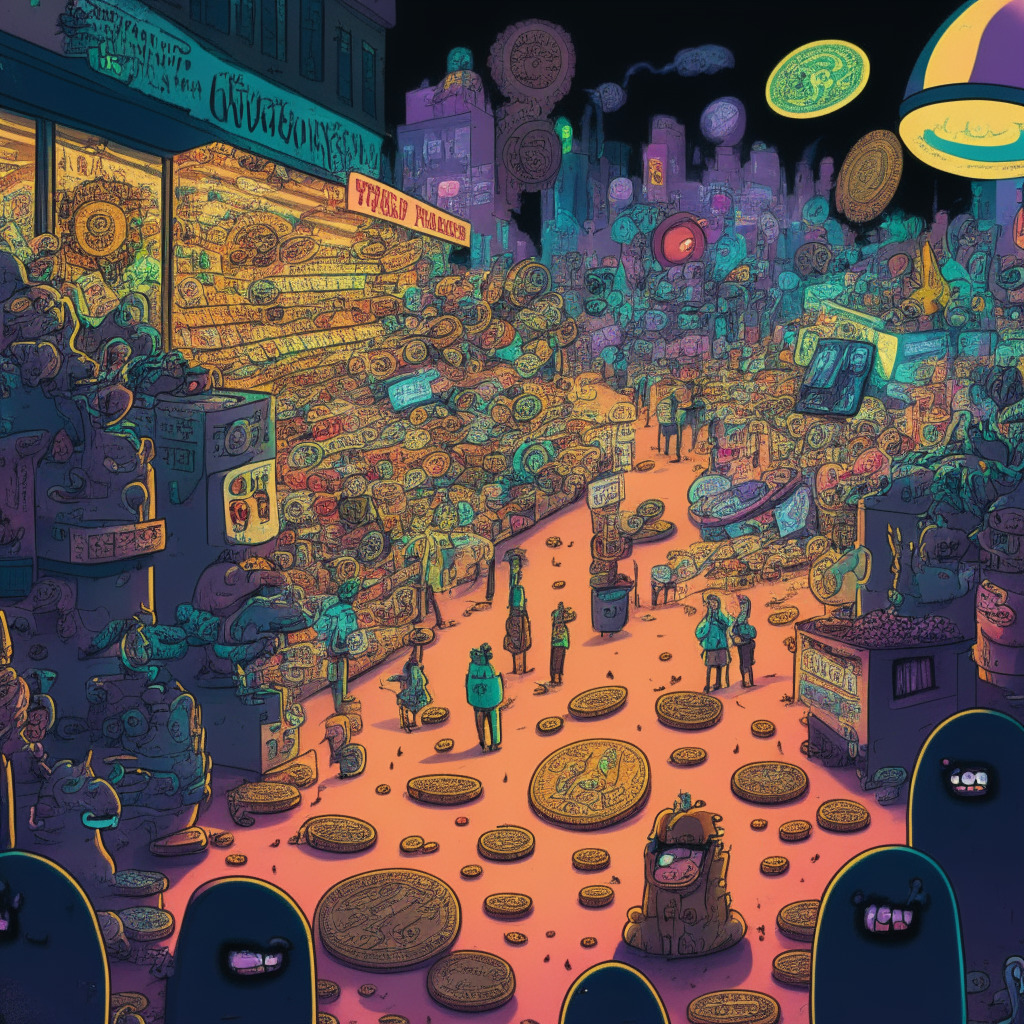 A vibrant, bustling digital market scene during twilight, metaphorically representing the tumultuous crypto market. The foreground displays chaotic yet intriguing meme coins, hand-rendered in a sketch-like, whimsical style, invoking the spirit of South Park's Mr Hankey. In the background, AI-based digital coins are visualized as intricate, and futuristic structures under a rough, stormy sky, reflecting uncertain trends and potential degradation. The overall mood is a mix of playful volatility and serious tension.