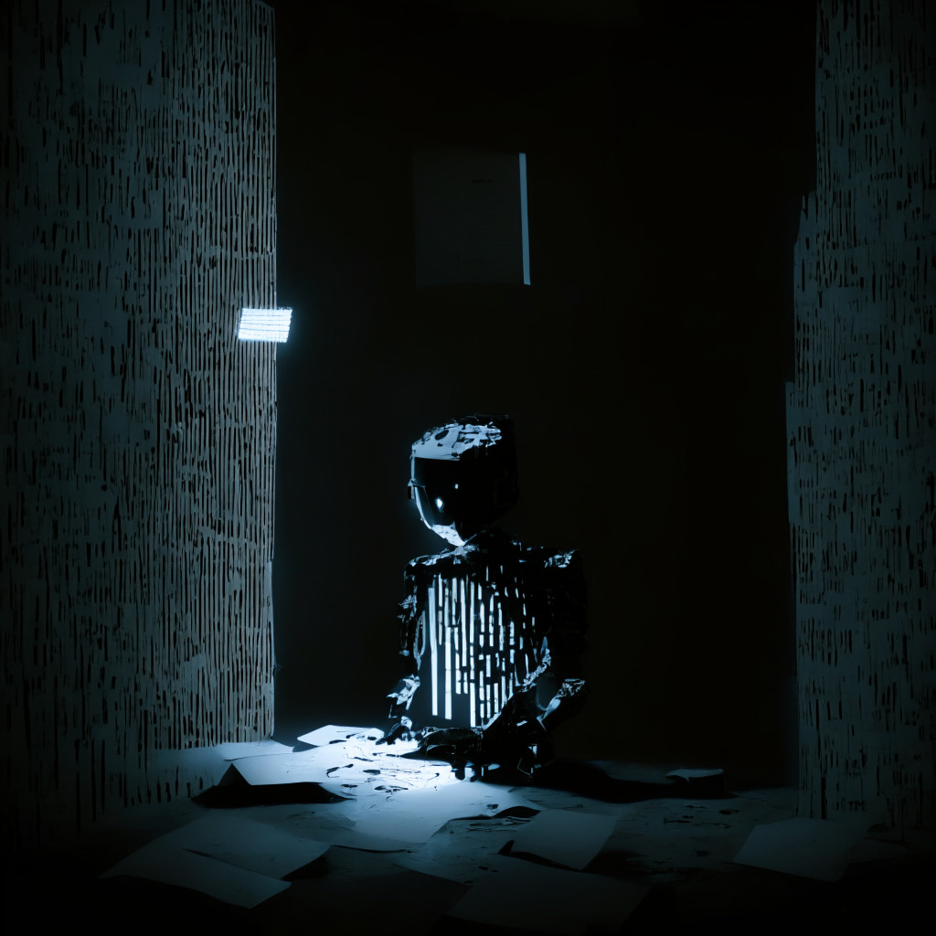 A dark room lit by the faint glow of a computer screen, a phrase 'Content Cannibalism' reflected on an AI robot's metallic surface. Scattered paper represent decayed AI data. The scene is infused with dystopian art style, setting a somber mood. In the corner, a small, hopeful human figure holds a fresh data sheet illuminating with bright light of optimism. In the far distance, vague silhouettes of human figures engaged in a thoughtful discussion, creating a sense of contemplation and seriousness.