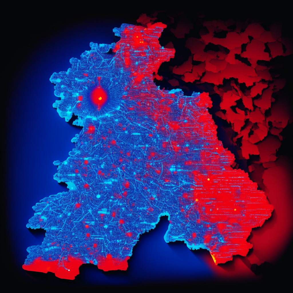 A large scale digital map of Germany, illuminated with neon key points symbolizing AI systems. A silhouette of a scale rests in the middle, representing the balance of regulation & innovation. Two political bases, one red and one blue, sit at opposing ends, illustrating conflict. Bright rays symbolize supercomputing expansion. The stylized backdrop hints at a modern renaissance art style, with soft, dimmed light highlighting the tension, mood is cautionary yet hopeful.