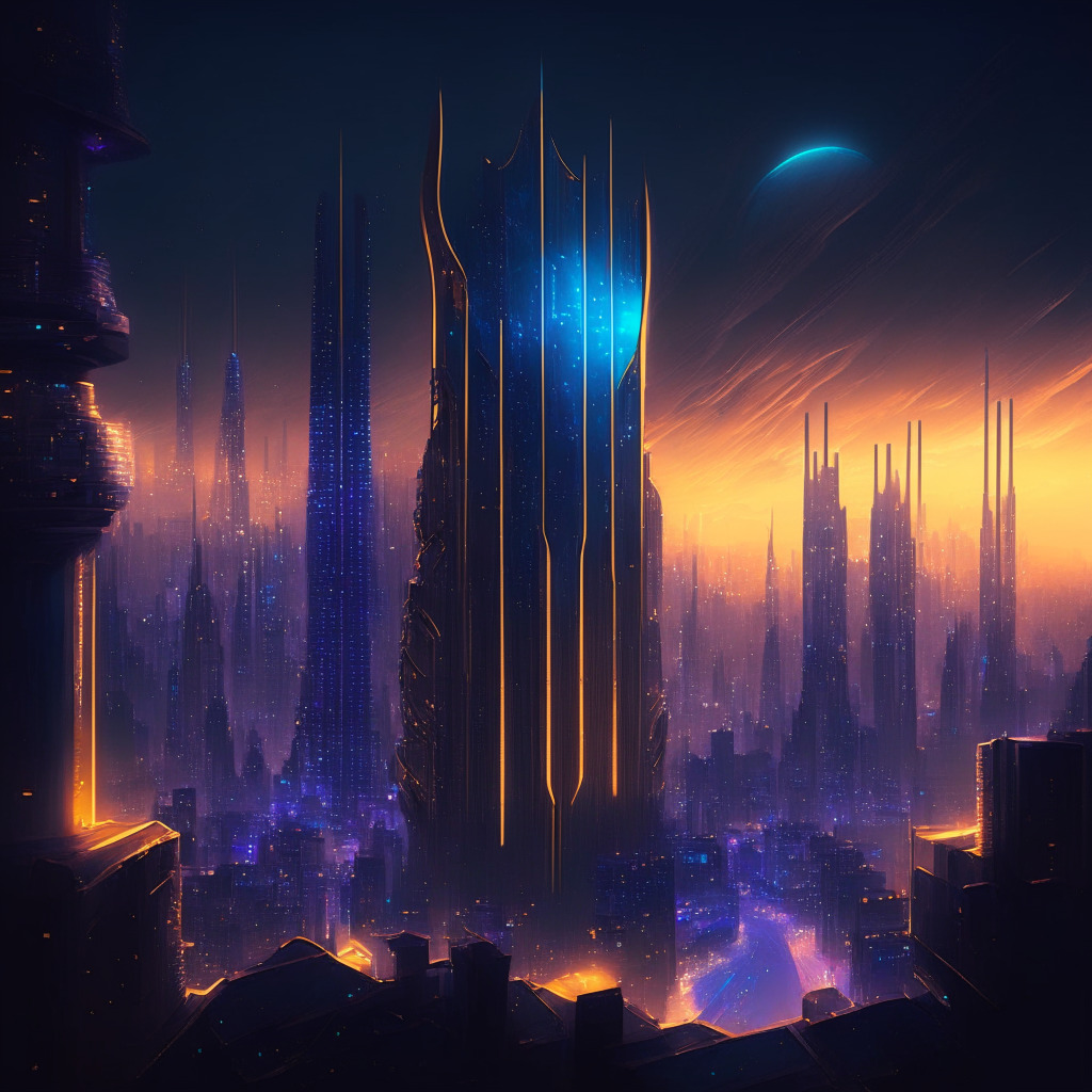 A futuristic cityscape at dusk, buildings glowing with indigo and soft gold lights representing major tech firms, a sturdy shield engraved with AI motifs overlooking the metropolis, depicting commitment to AI safety. Artistic style: neo-futuristic, light setting: twilight, mood: hopeful yet sober, showing balance between opportunities and challenges in AI development.