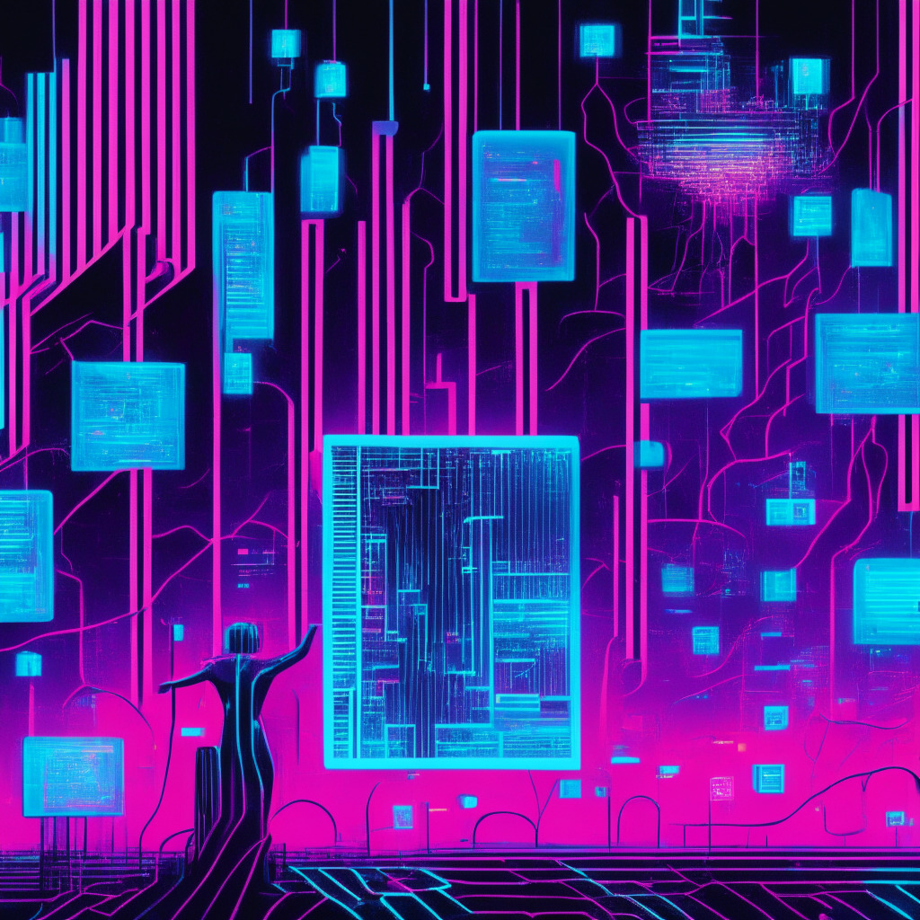 AI revolutionizing cryptocurrency trading scene, Mid-century modern style illustration, Electrifying grid melting into ones and zeros, Hues of neon blues and electric pink, Algorithmic pulse in the backdrop creating an aura of futuristic drama, Set in a cybernetic, digital landscape at twilight, Suspenseful and intriguing mood, AI Trading Bot at the center, Distributed transaction nodes in the periphery, Onlookers caught in a blend of awe and skepticism.