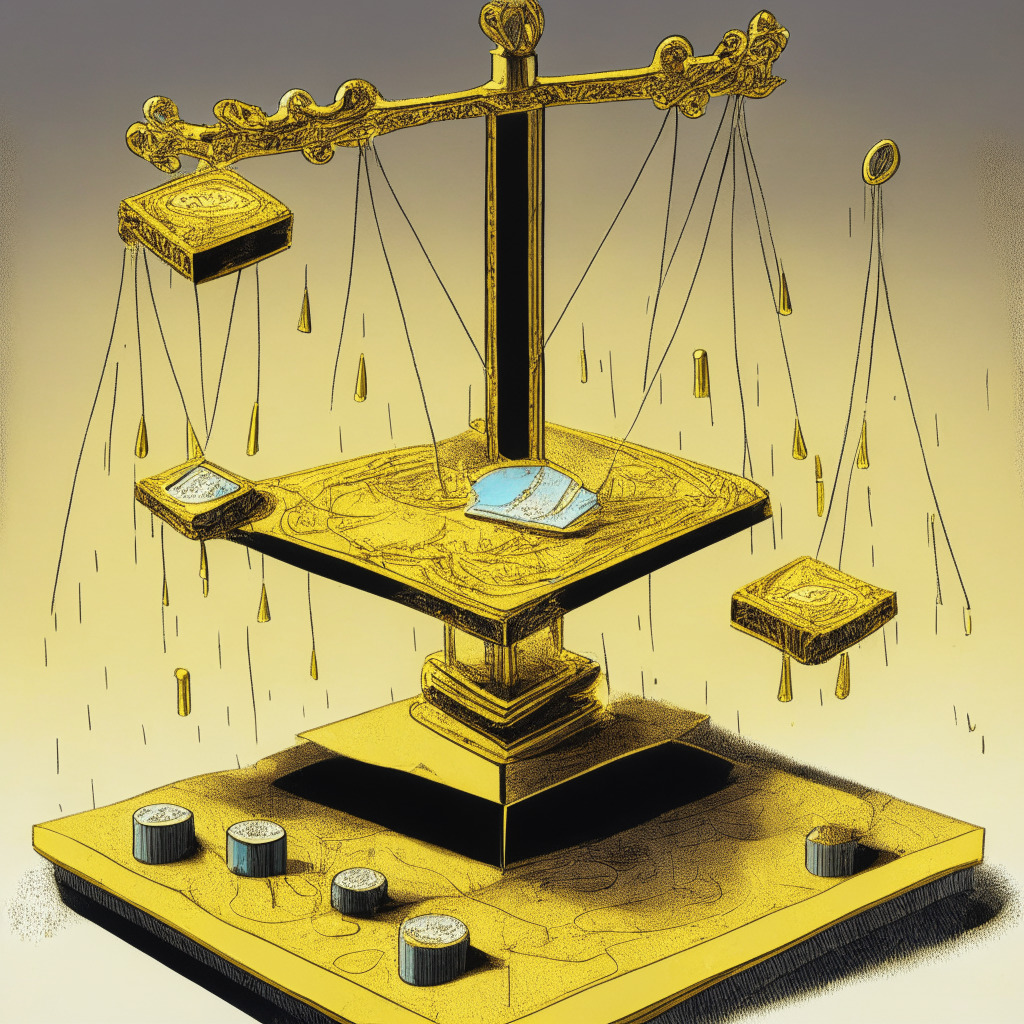 Abstracted representation of an immense scale seesaw balanced precariously, one side shining with golden Ether coins, the other side dominated by tokens marked wstETH and rETH. An ornate voting ballot box stands in the middle, symbolic of the ongoing governance proposal vote. Meticulously drawn Aave tokens shower onto the voting box, their edges glinting in bright light, evoking the aesthetic of crypto art. Overhead, suggests a cloudy yet hopeful sky, representing market sentiment, while a looming diverse crowd is subtly hinted at, symbolizing the community's decentralization. The monochromatic color palette adds a serious tone to contrast this somewhat whimsical scene.