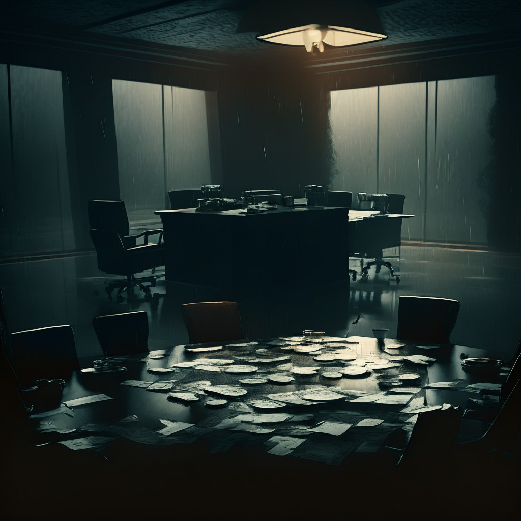 Dimly lit corporate boardroom scene, turbulent storm imaged in the glass window, somber mood, ominous shadows cast over a half-packed briefcase and scattered coins on the conference table hinting abrupt departure, subdued color palette, Baroque-like drama in the detailing, heightened sense of tension and uncertainty, no logos.