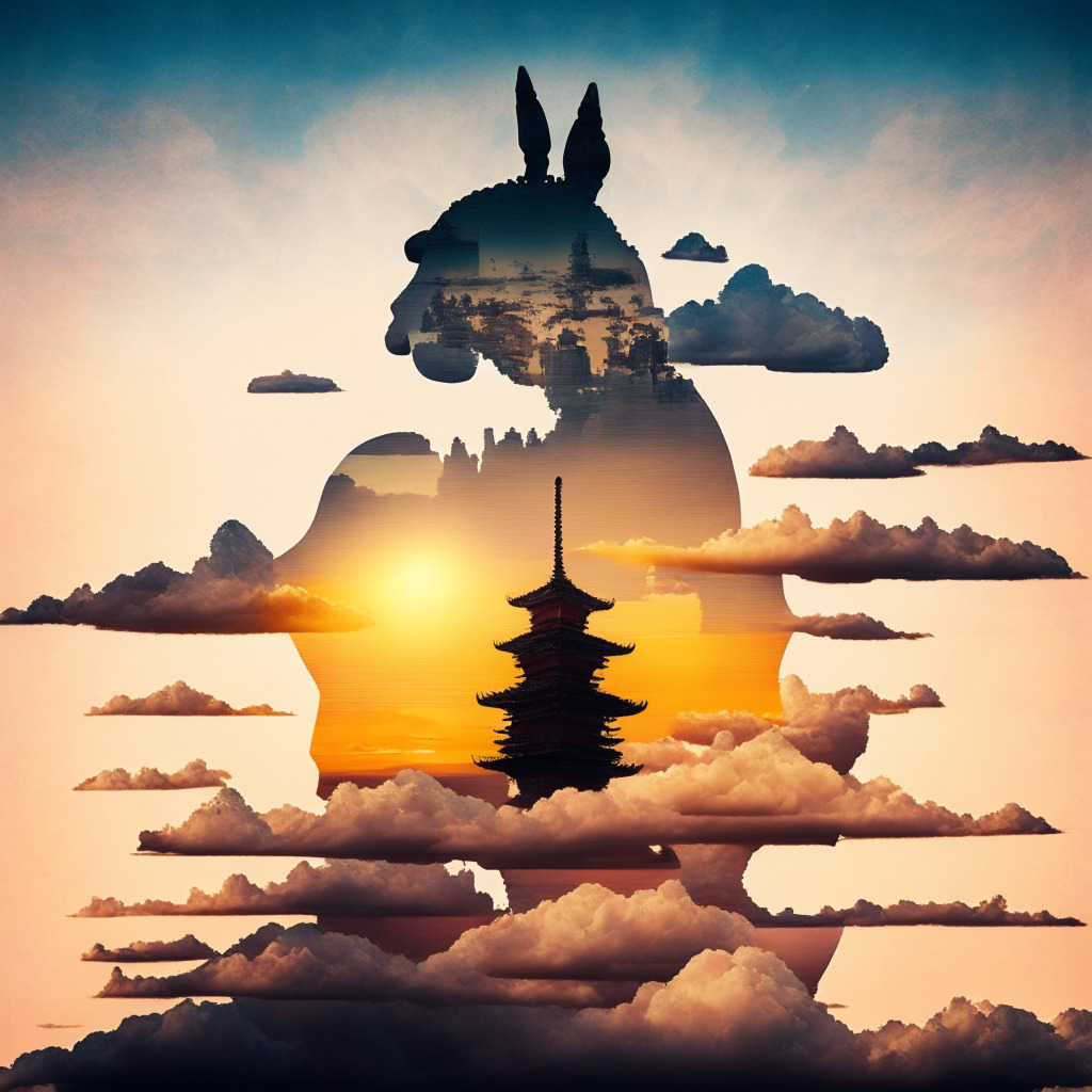 Surreal late-noon skyline, setting sun casting long warm shadows over scattered clouds, a stitched together llama, an artistic representation of a Meta AI model, overlapping with an abstract cloud avatar symbolizing cloud computing. The meshed figures symbolize Alibaba, a Chinese pagoda in the distant outlined. Mood is thoughtful, full of intrigue.