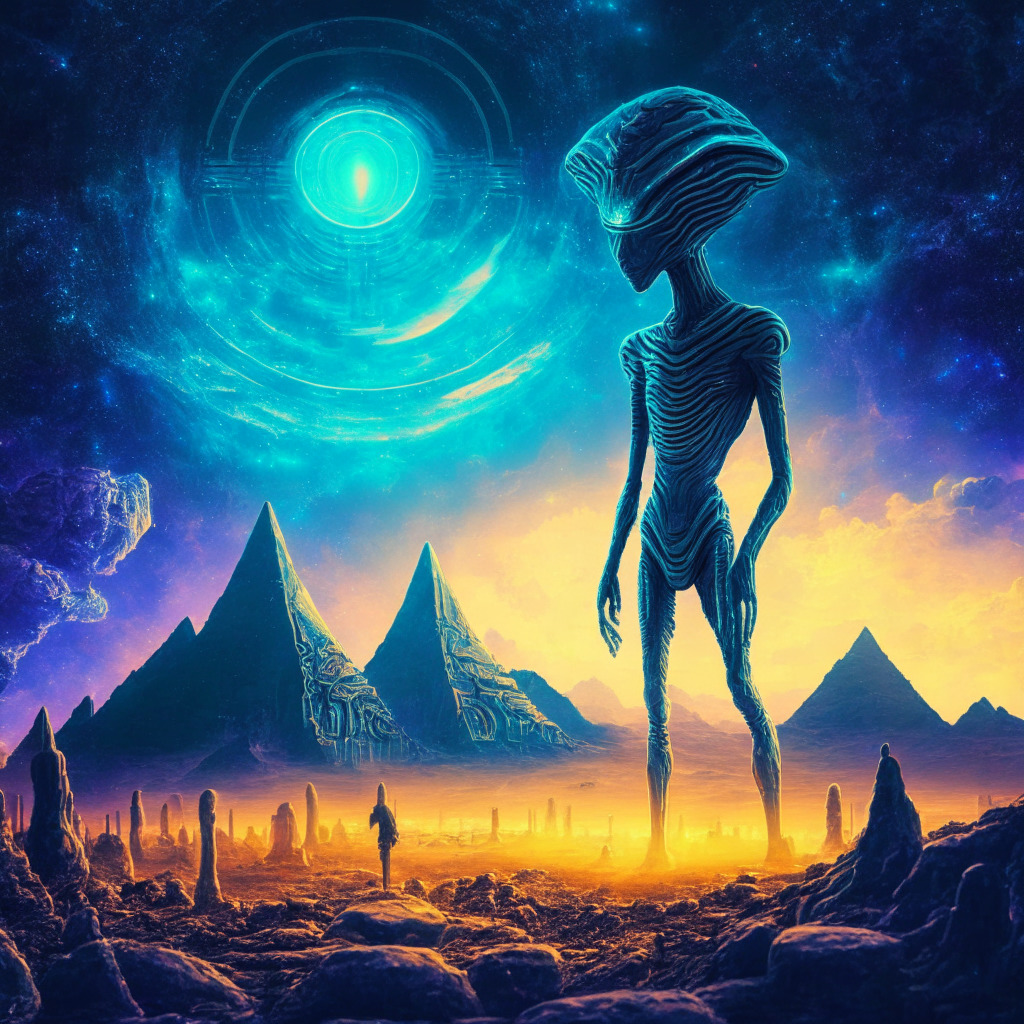 Extraterrestrial figure, digitally defined, inspecting futuristic bitcoin in radiant alien landscapes with nebula skies. Neocubist art style, rich mysterious mood, chiaroscuro light revealing hidden elements. Digital, non-terrestrial monetary concept, both enigmatic and revolutionary.