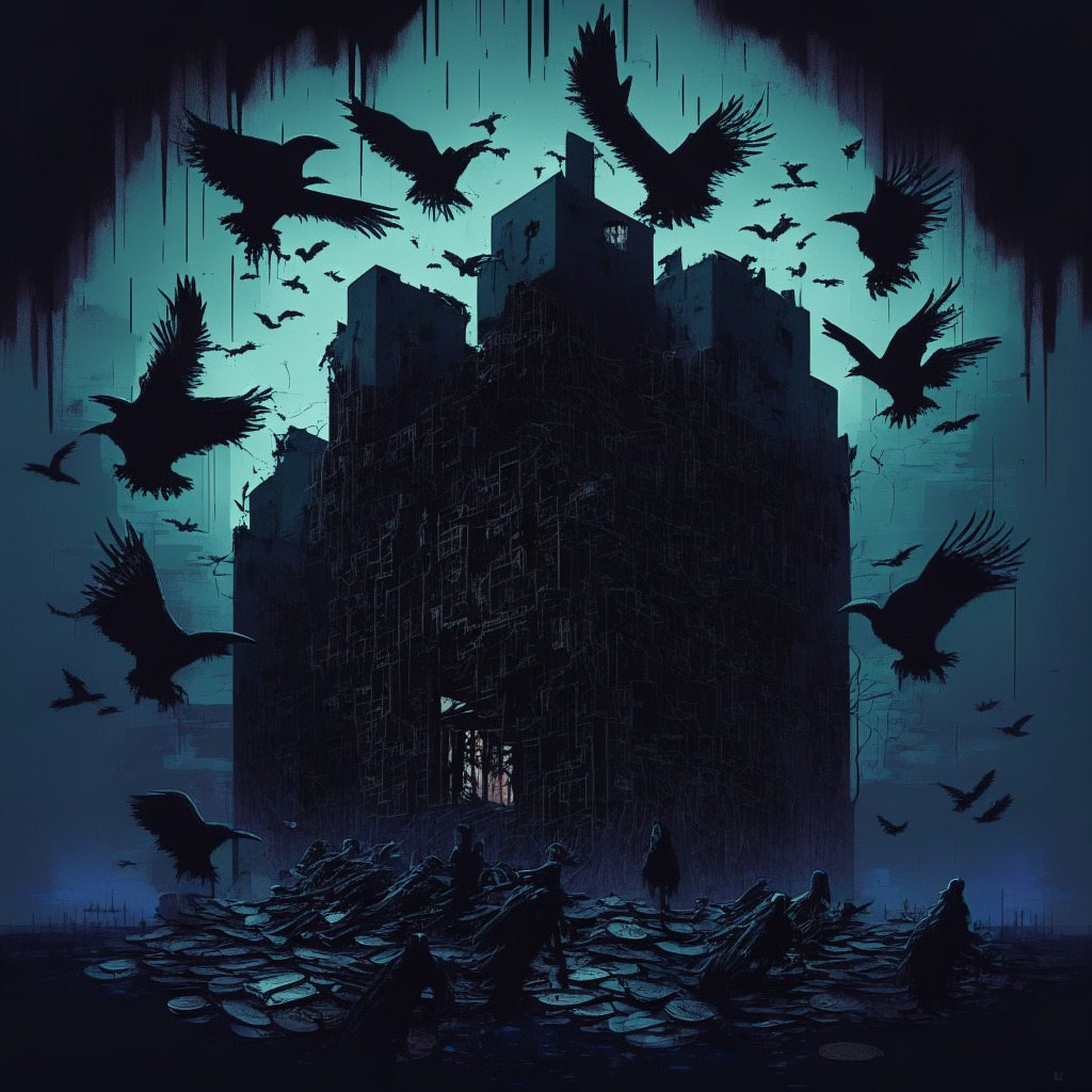 A cyber-heist scene, a surreal amalgamation of a crumbling digital fortress representing a breached crypto payment system and a swarm of hacker icons as ravens, descending upon it clutching digital coins. The scene is bathed in somber twilight hues, enhancing the mood of chaos, despair and loss. Incorporating a faded noir style, emphasizing the criminal undertone.
