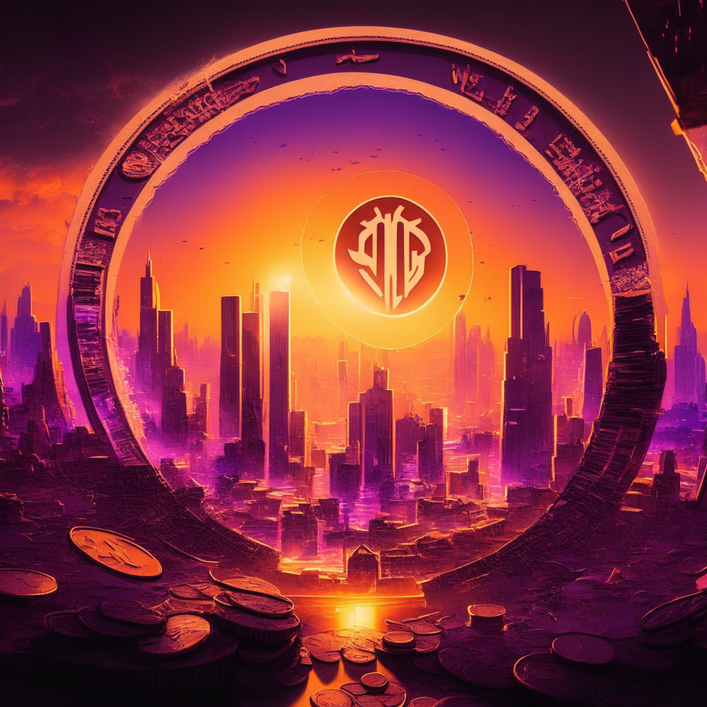 A futuristic cityscape at sunset, lit with myriad hues of oranges and purples, representing a new trading day in Asia. Dominating the center, a rising, luminous coin, inscribed with 'WLD', depicts the promising Worldcoin. Shadows of 'BTC' and 'ETH' coins seem to subside in the background, illustrating their decline. Mood presents a mix of exhilaration and apprehension, resembling a baroque drama unfolding. Interspersed are abstract indications of computer networks and energy sources, signifying crypto mining. Ambience is tense yet hopeful.