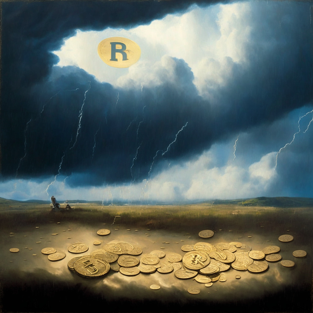 A scene showing two coins, one labeled 'XRP' another 'XLM', rising against a tumultuous market backdrop, overcast skies parting to reveal golden light. Poker chip styled Bitcoin and Ether stagnate on the ground. The painting style resembles 18th century romanticism, indicating volatility, unpredictability, triumph over unexpected challenges.